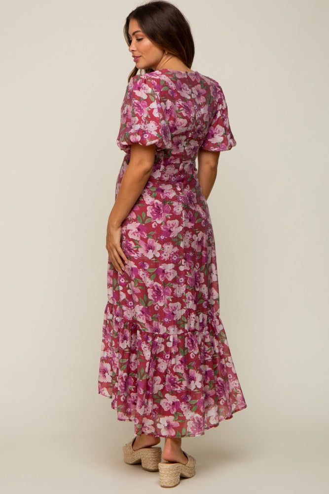 Burgundy Floral Deep V-Neck Puff Sleeve Maternity Maxi Dress sold by Pinkblush product image thumbnail 3