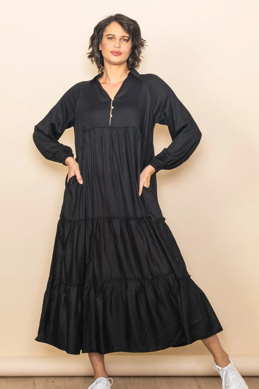 Black Button Front V-Neck Ruffle Tiered Midi Dress sold by Pinkblush product image thumbnail 3