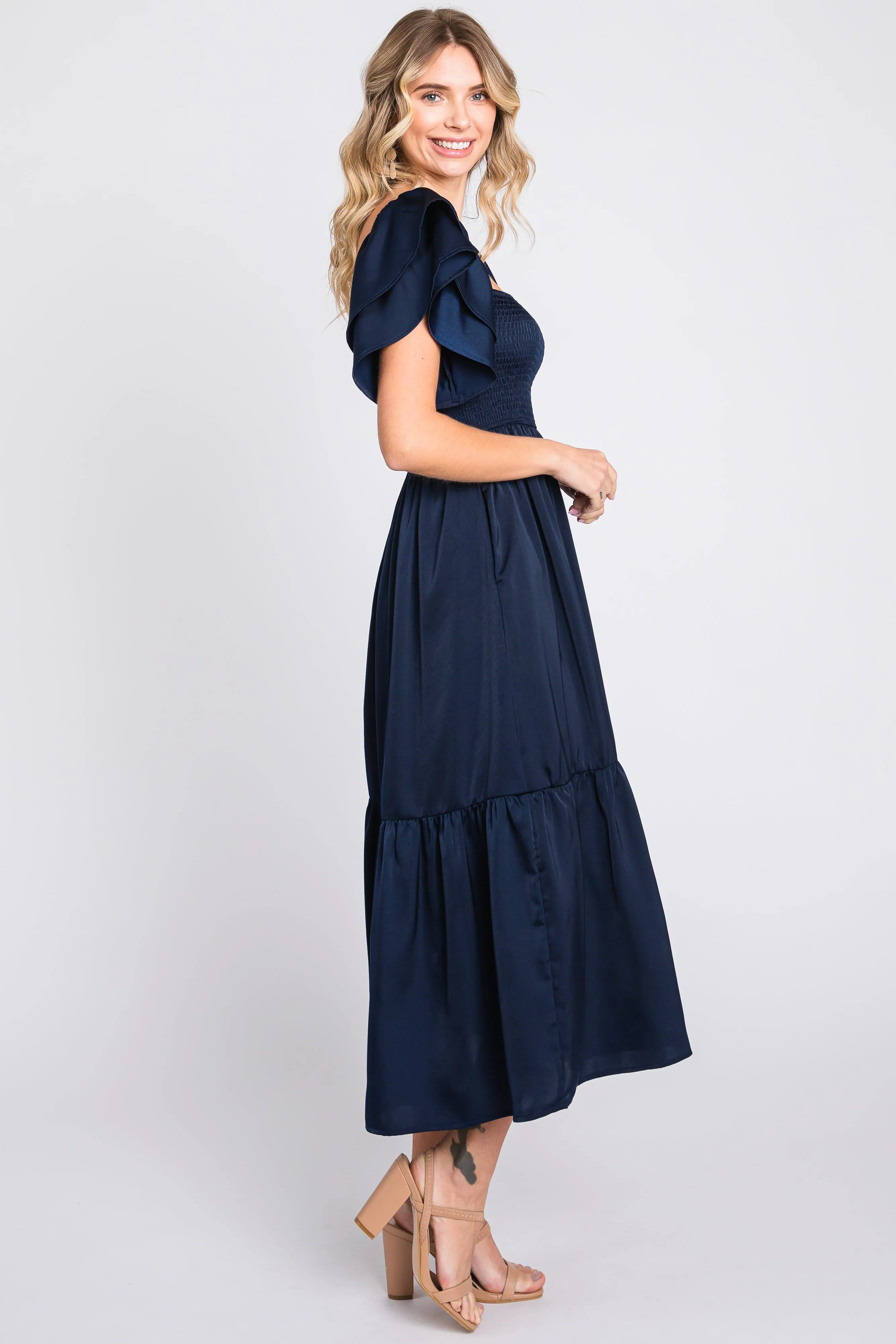 Navy Satin Flutter Sleeve Midi Dress sold by Pinkblush product image thumbnail 3