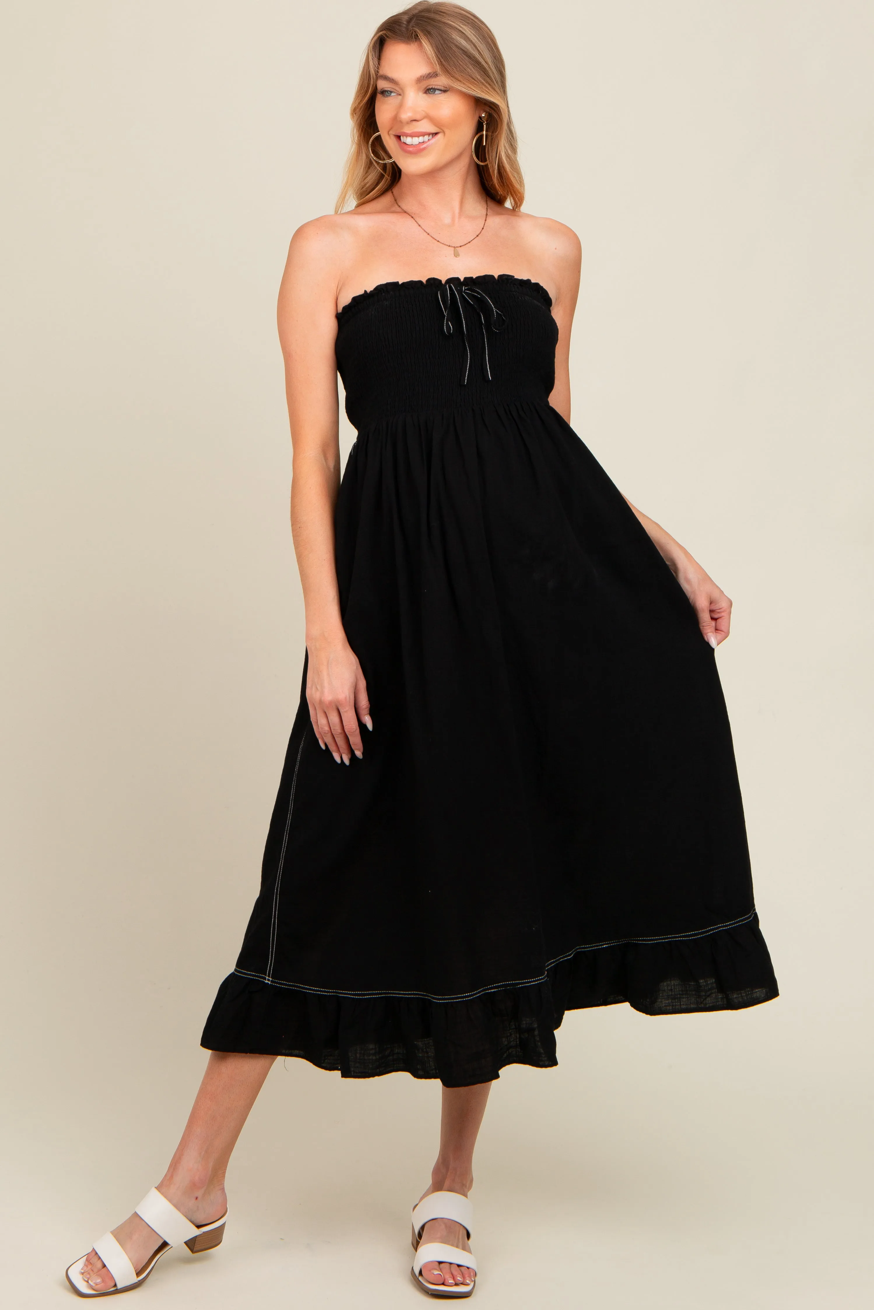 Black Smocked Strapless Maternity Midi Dress sold by Pinkblush