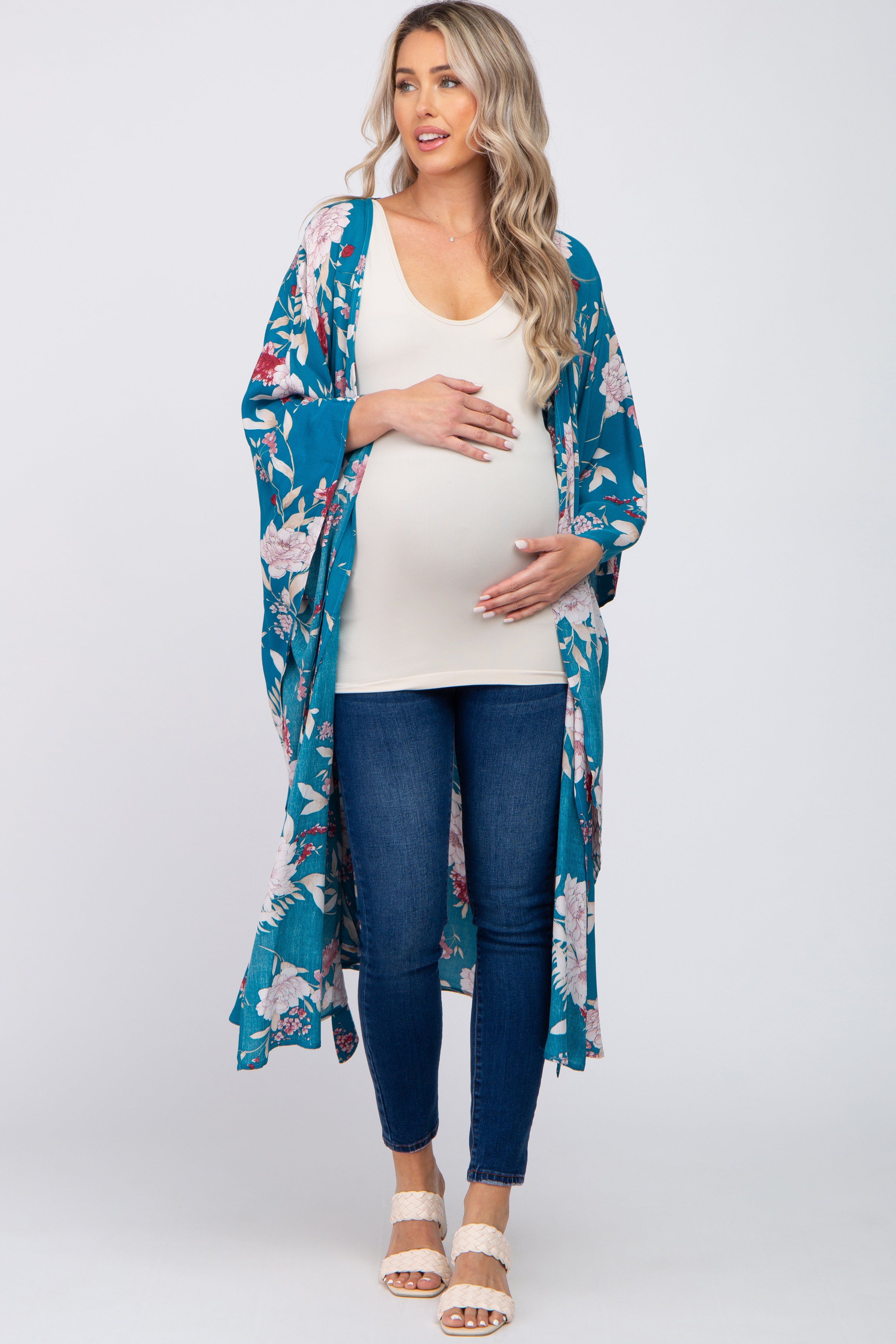 Teal Floral Flowy Round Hem Maternity Cover-Up sold by Pinkblush product image thumbnail 2