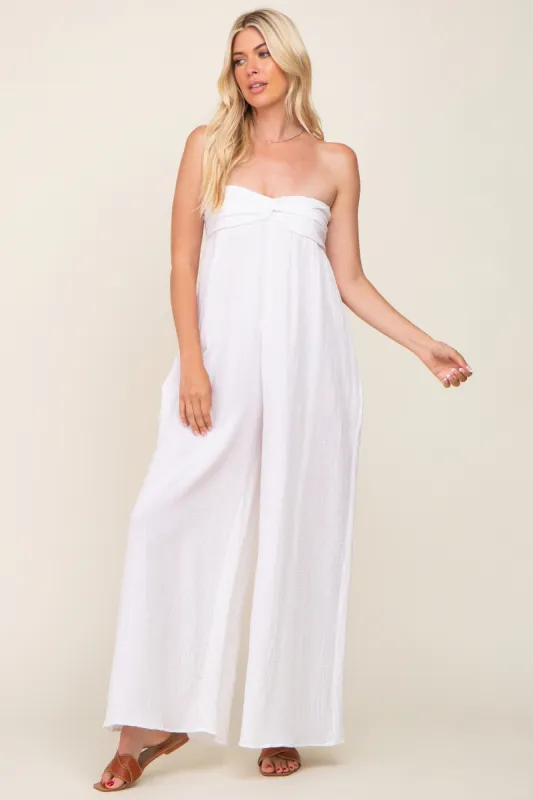 White Strapless Front Twist Jumpsuit sold by Pinkblush