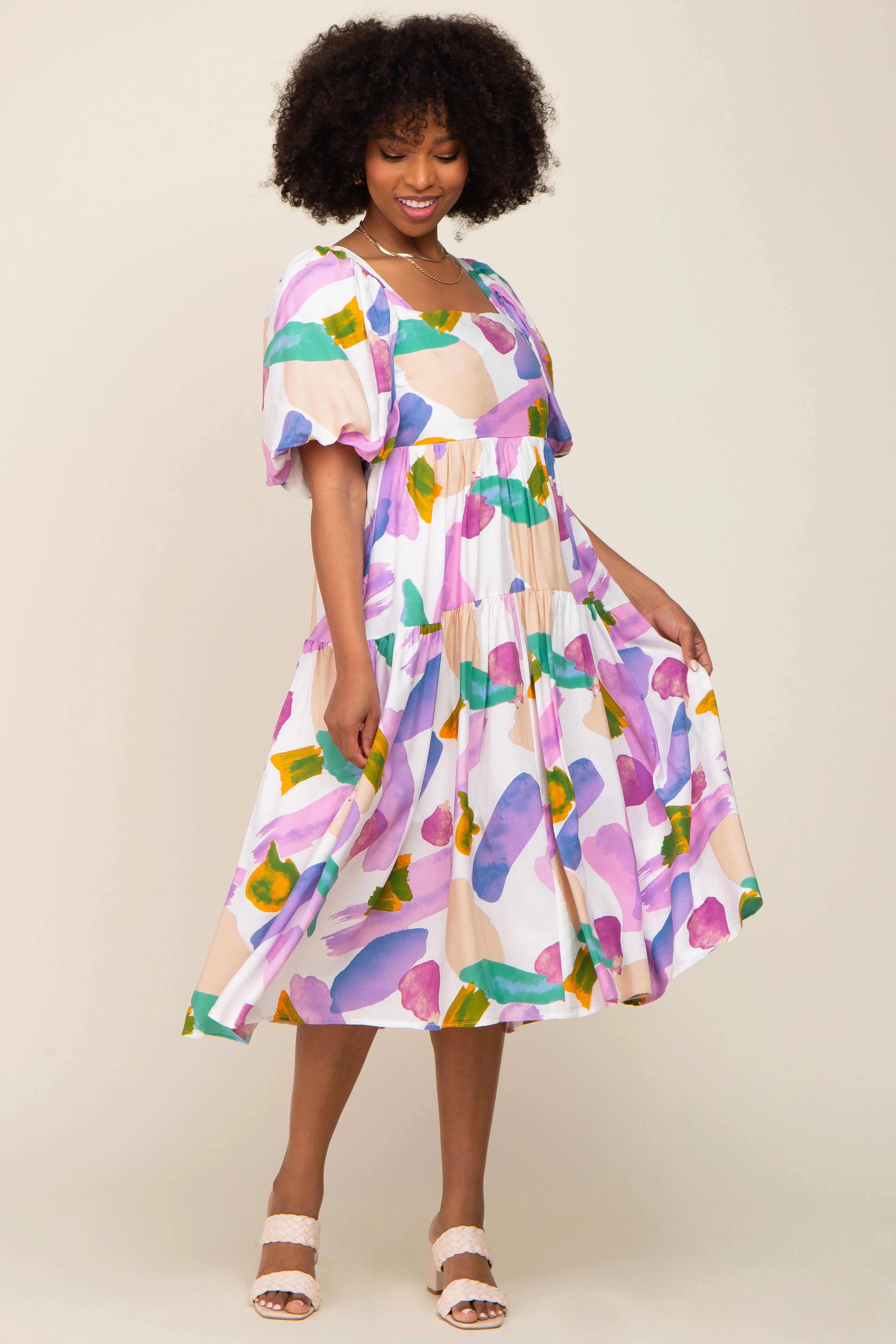 Ivory Watercolor Print Puff Sleeve Midi Dress sold by Pinkblush product image thumbnail 4