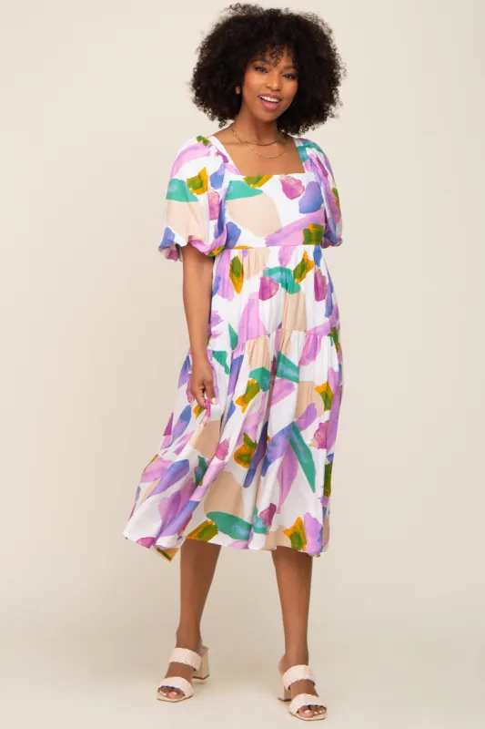Ivory Watercolor Print Puff Sleeve Midi Dress sold by Pinkblush