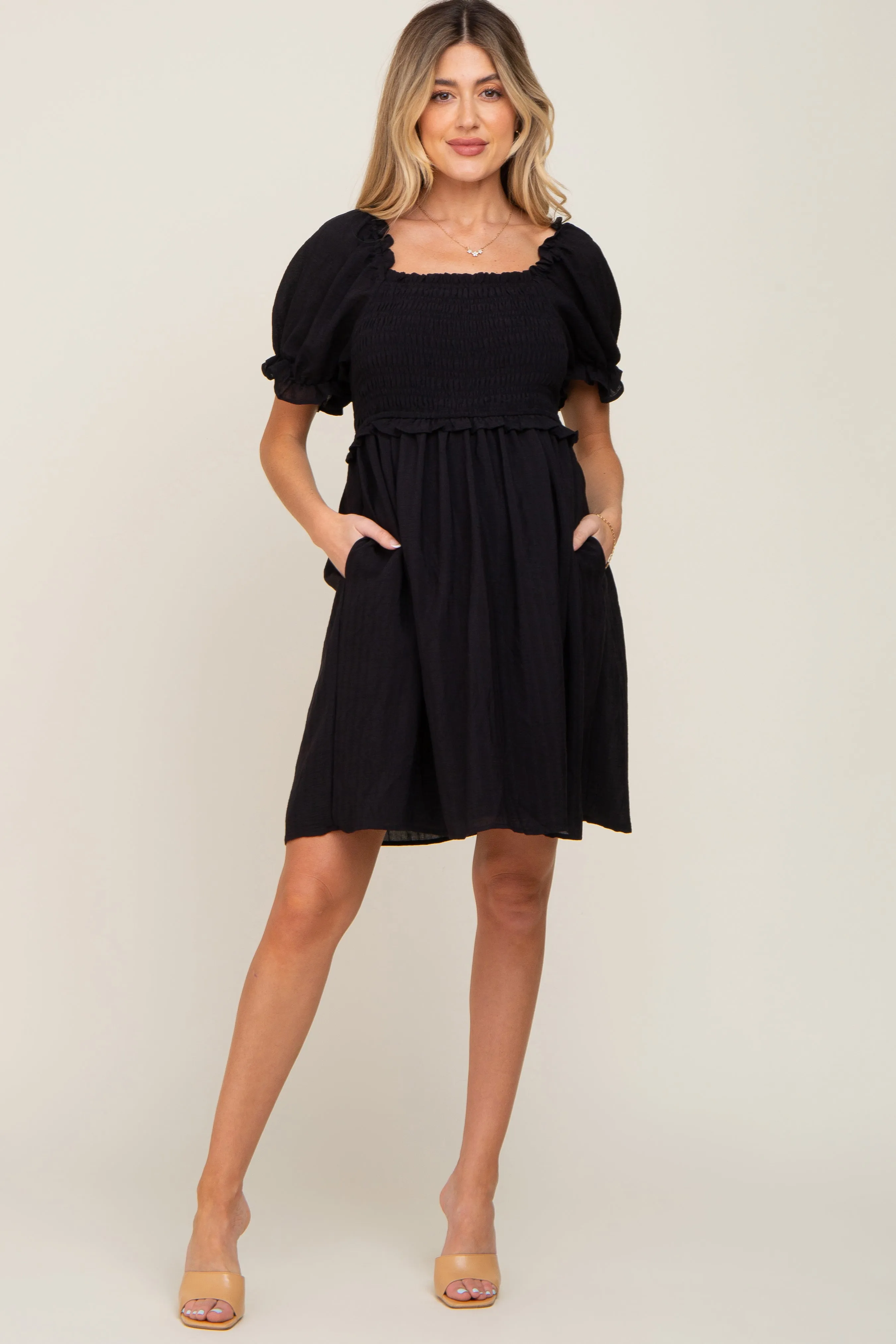 Black Smocked Puff Sleeve Maternity Dress sold by Pinkblush product image thumbnail 4
