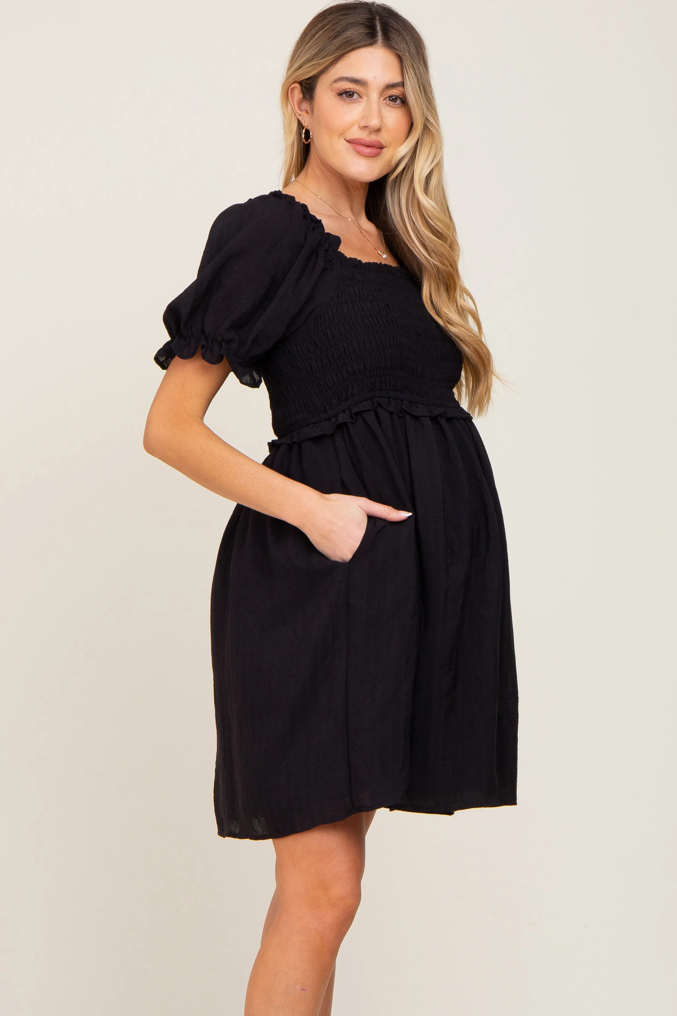 Black Smocked Puff Sleeve Maternity Dress sold by Pinkblush product image thumbnail 2