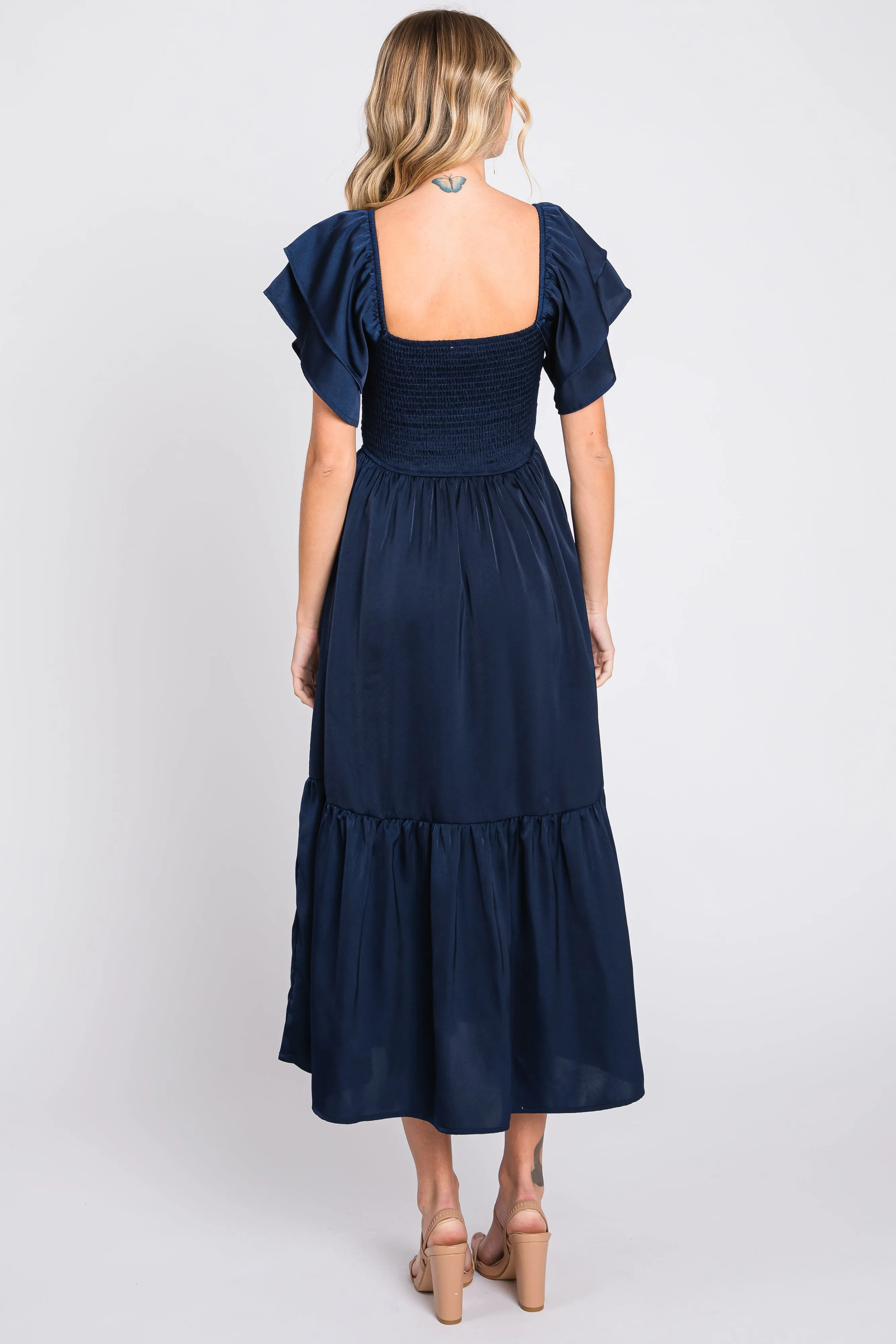 Navy Satin Flutter Sleeve Midi Dress sold by Pinkblush product image thumbnail 4