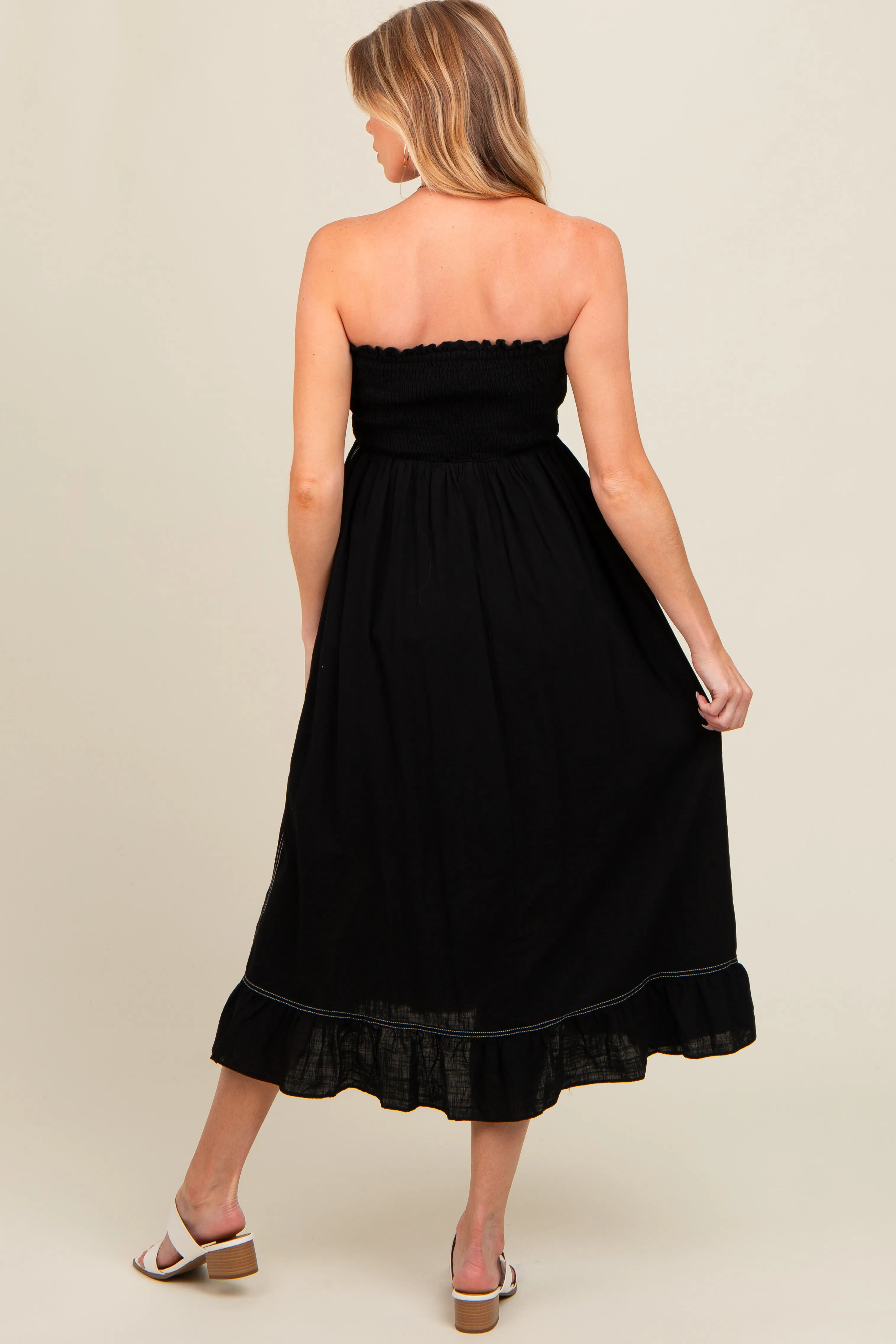 Black Smocked Strapless Maternity Midi Dress sold by Pinkblush product image thumbnail 2