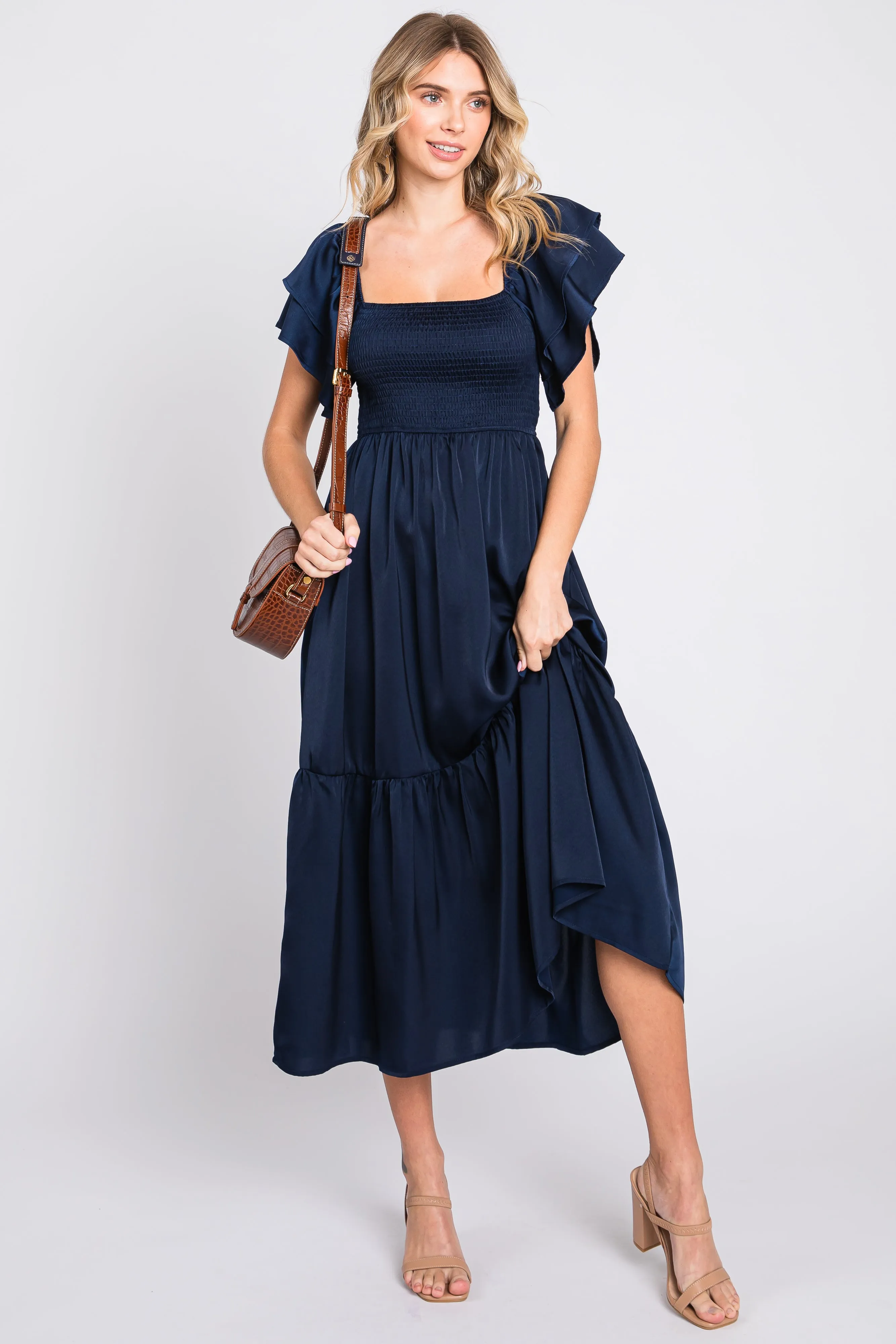 Navy Satin Flutter Sleeve Midi Dress sold by Pinkblush
