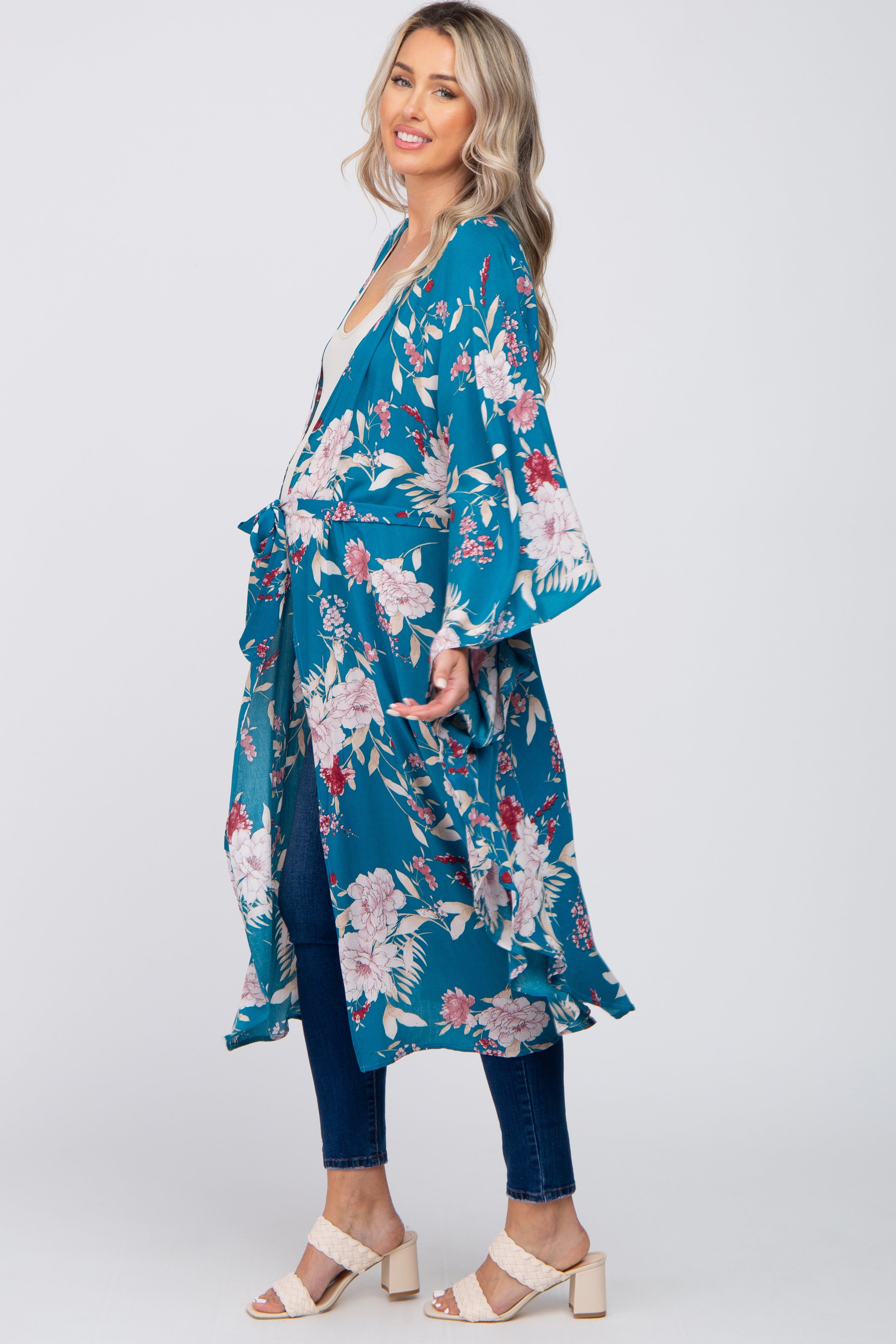 Teal Floral Flowy Round Hem Maternity Cover-Up sold by Pinkblush product image thumbnail 3