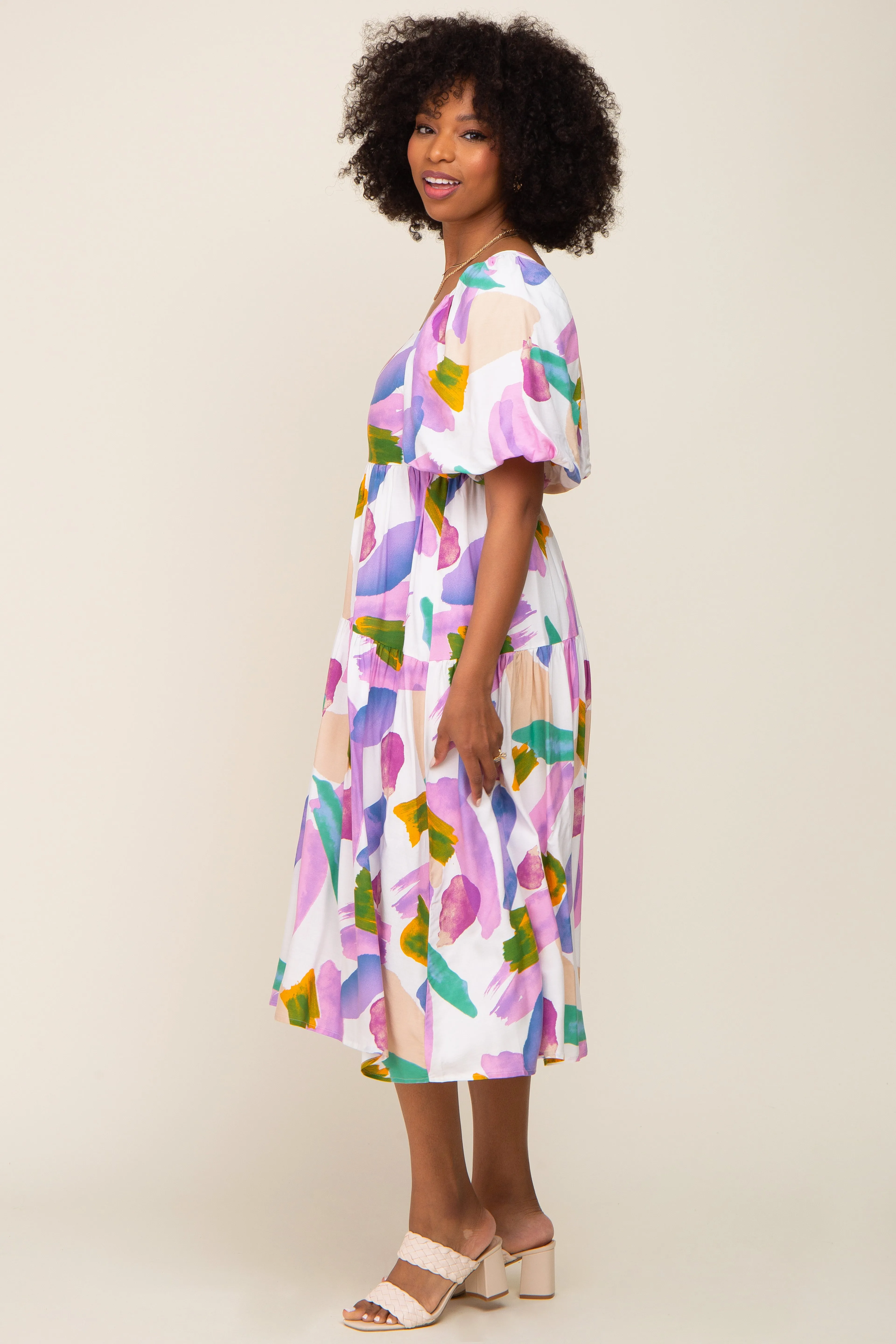 Ivory Watercolor Print Puff Sleeve Midi Dress sold by Pinkblush product image thumbnail 2