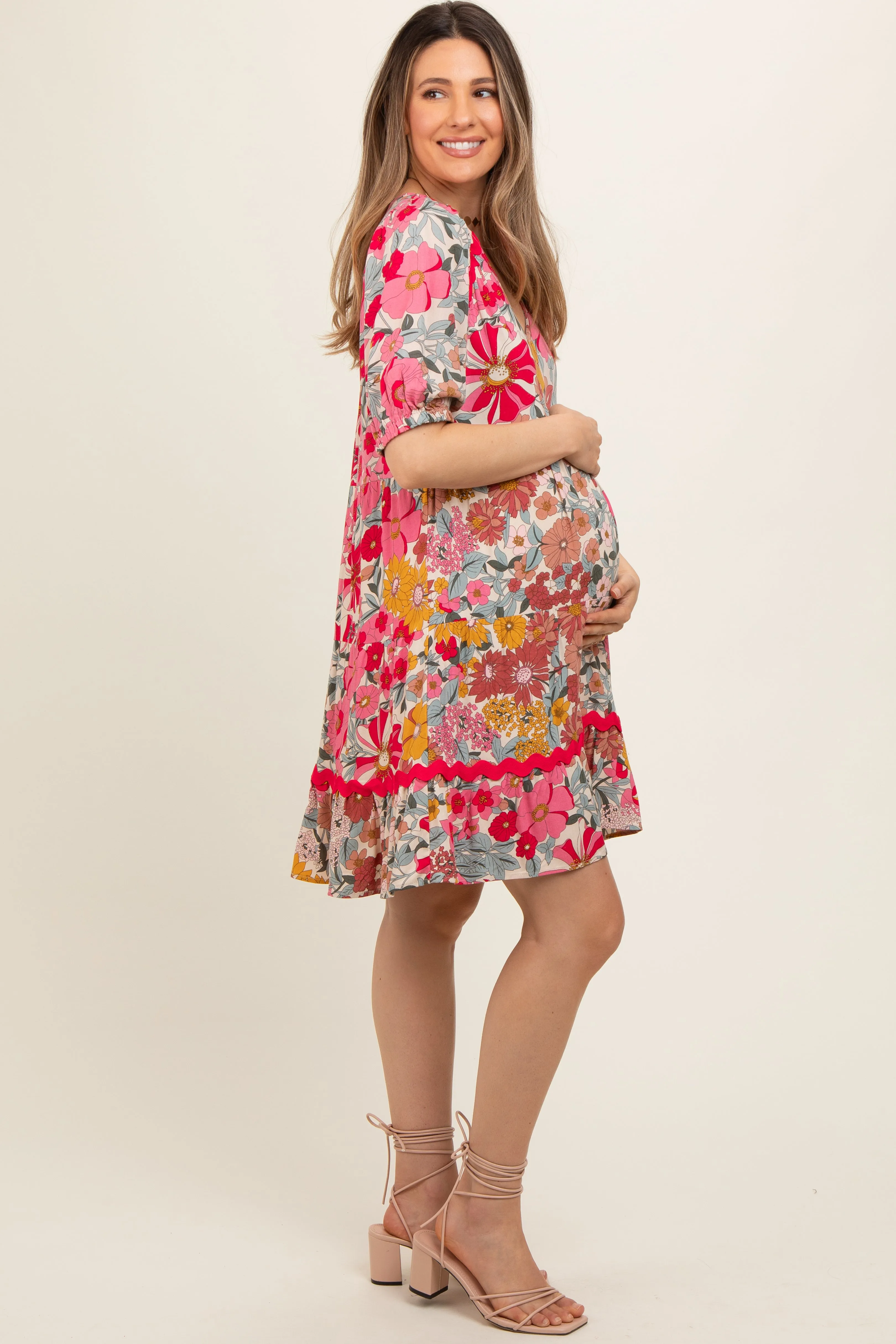 Pink Floral V Neck Half Sleeve Maternity Dress sold by Pinkblush product image thumbnail 3