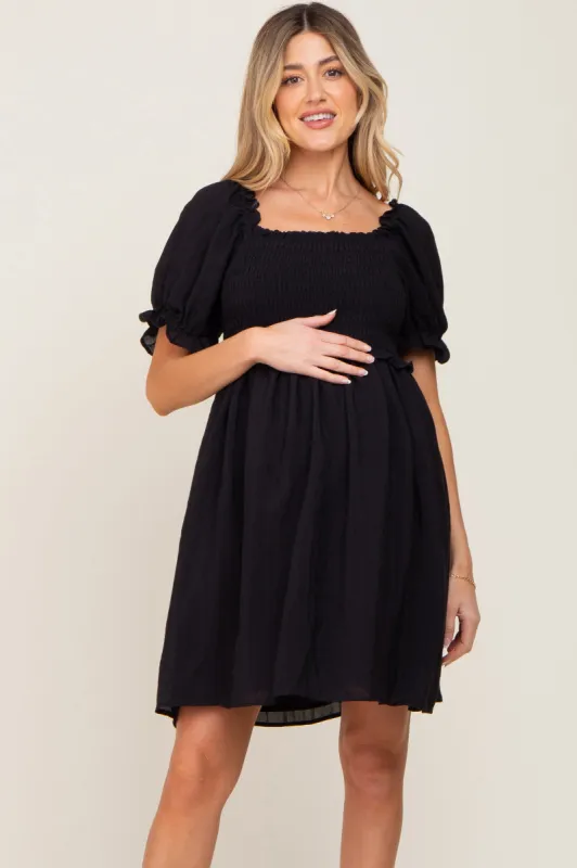Black Smocked Puff Sleeve Maternity Dress sold by Pinkblush