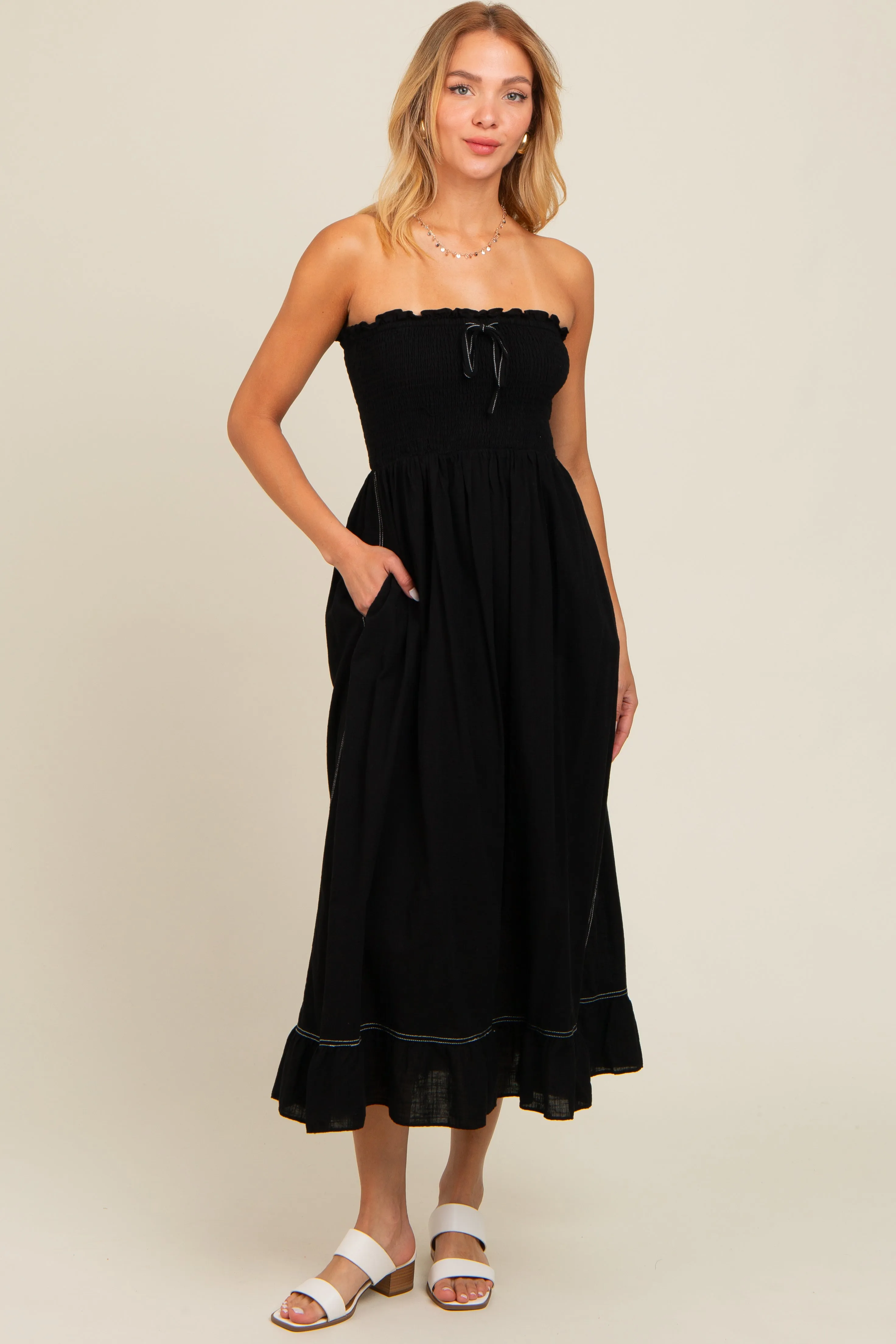 Black Smocked Strapless Maternity Midi Dress sold by Pinkblush product image thumbnail 3