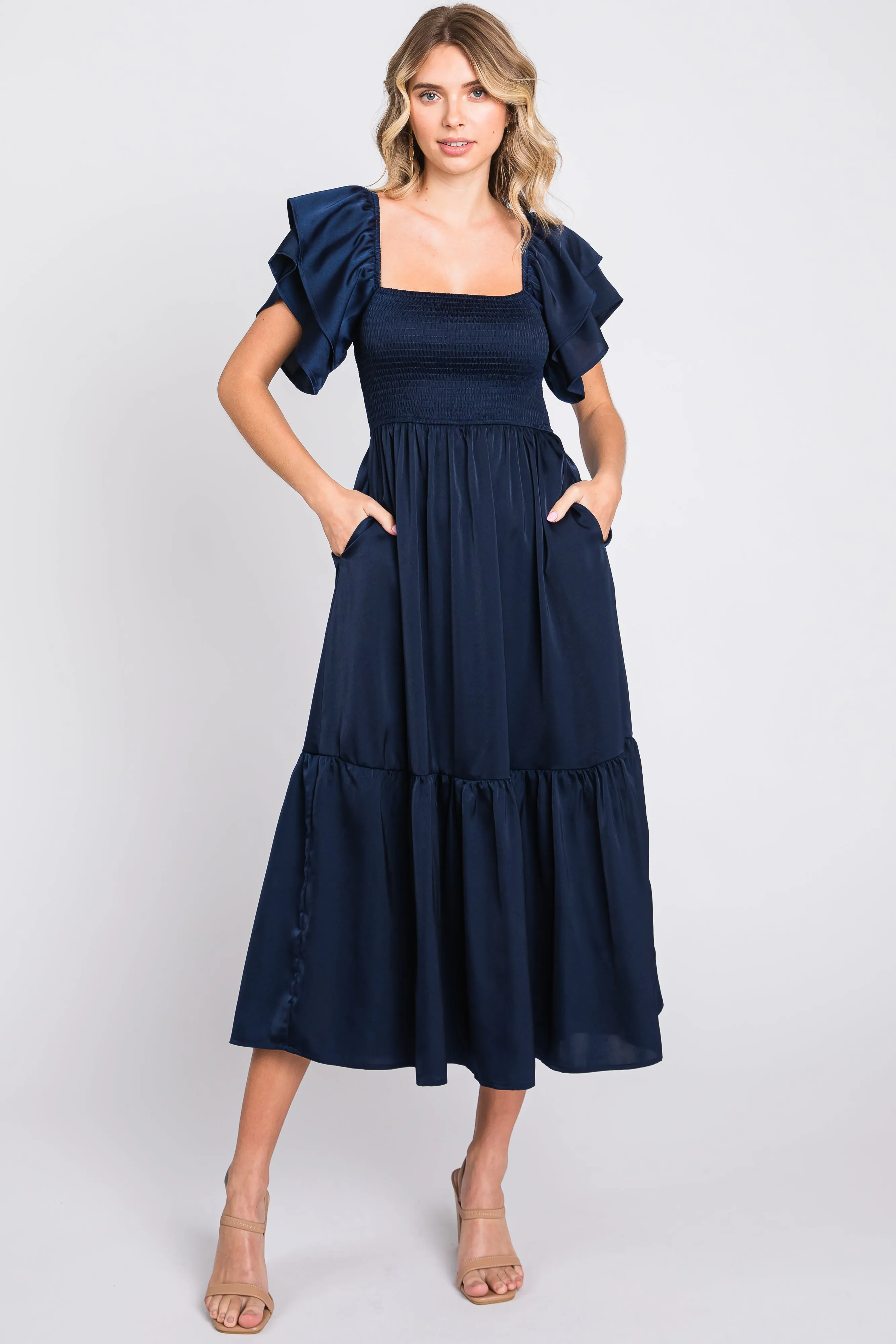 Navy Satin Flutter Sleeve Midi Dress sold by Pinkblush product image thumbnail 2