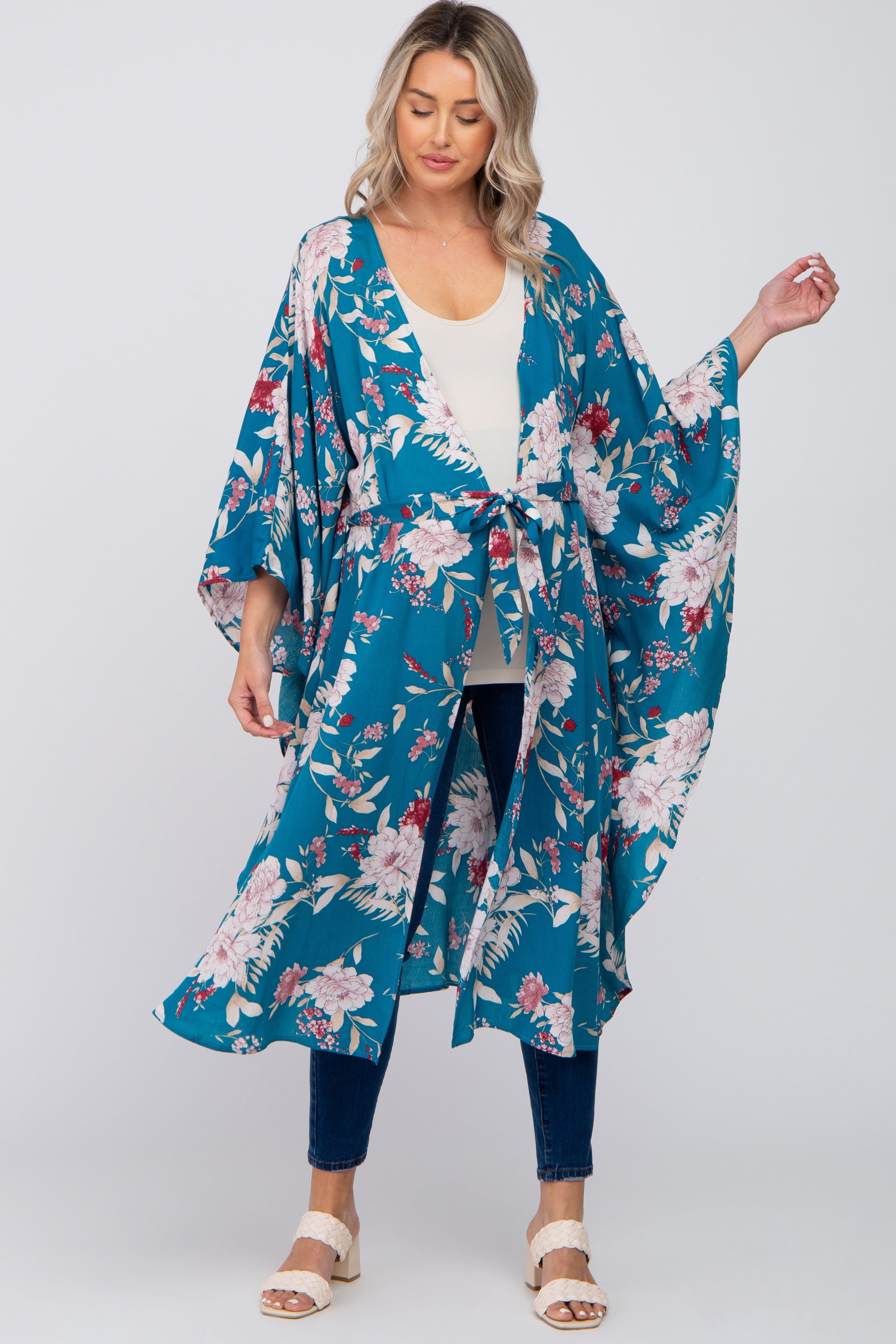Teal Floral Flowy Round Hem Maternity Cover-Up sold by Pinkblush
