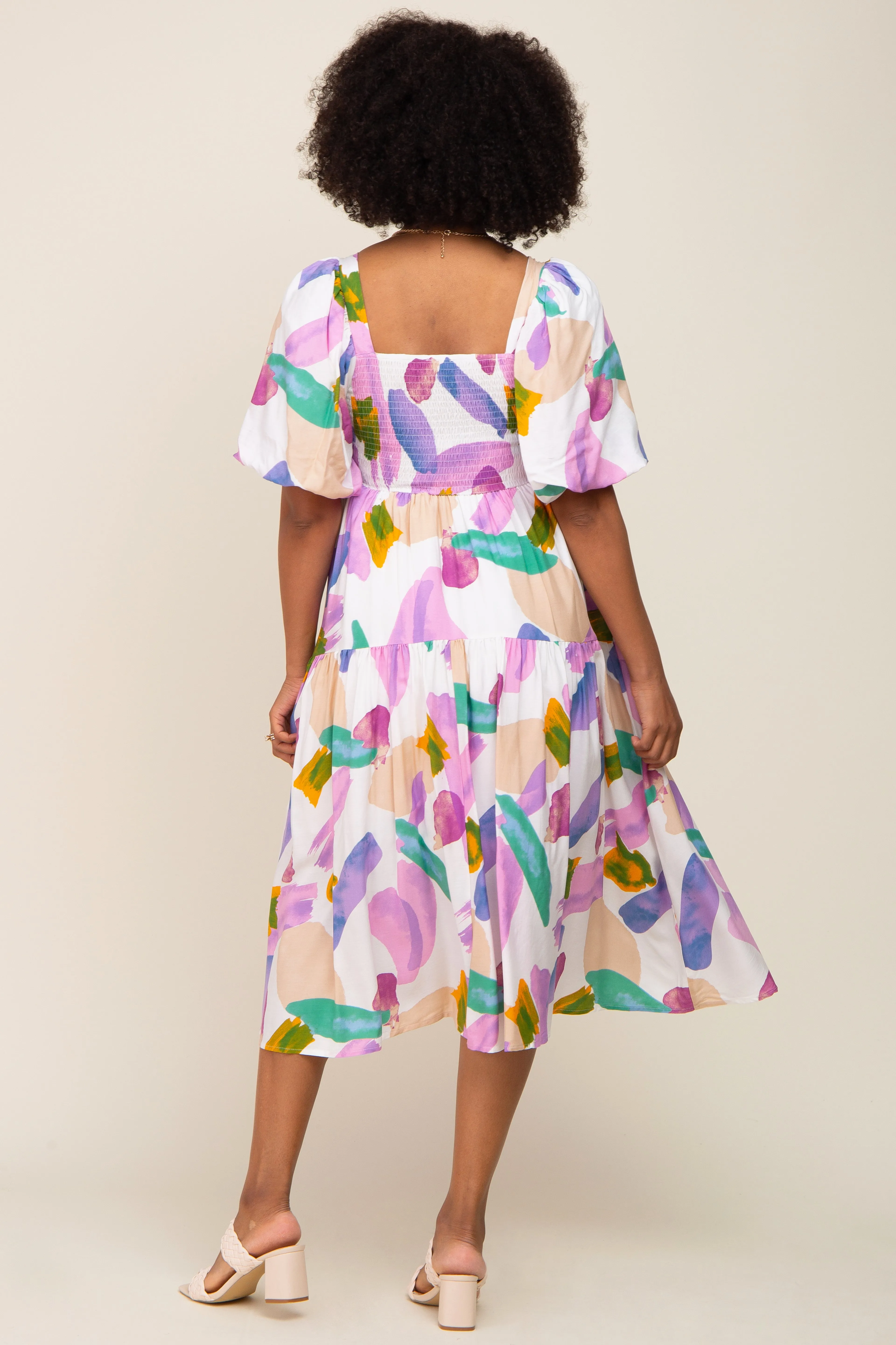 Ivory Watercolor Print Puff Sleeve Midi Dress sold by Pinkblush product image thumbnail 3