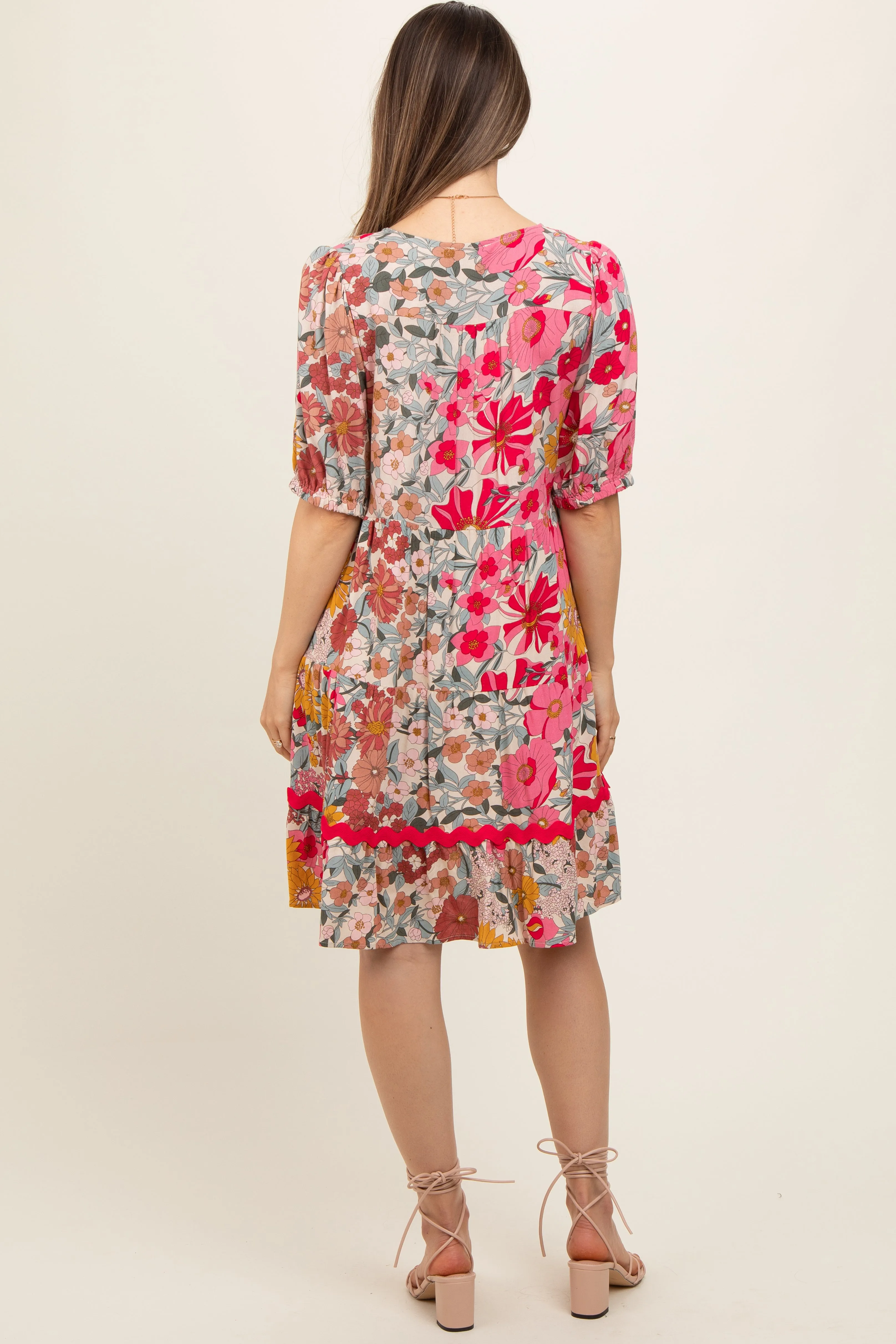 Pink Floral V Neck Half Sleeve Maternity Dress sold by Pinkblush product image thumbnail 4