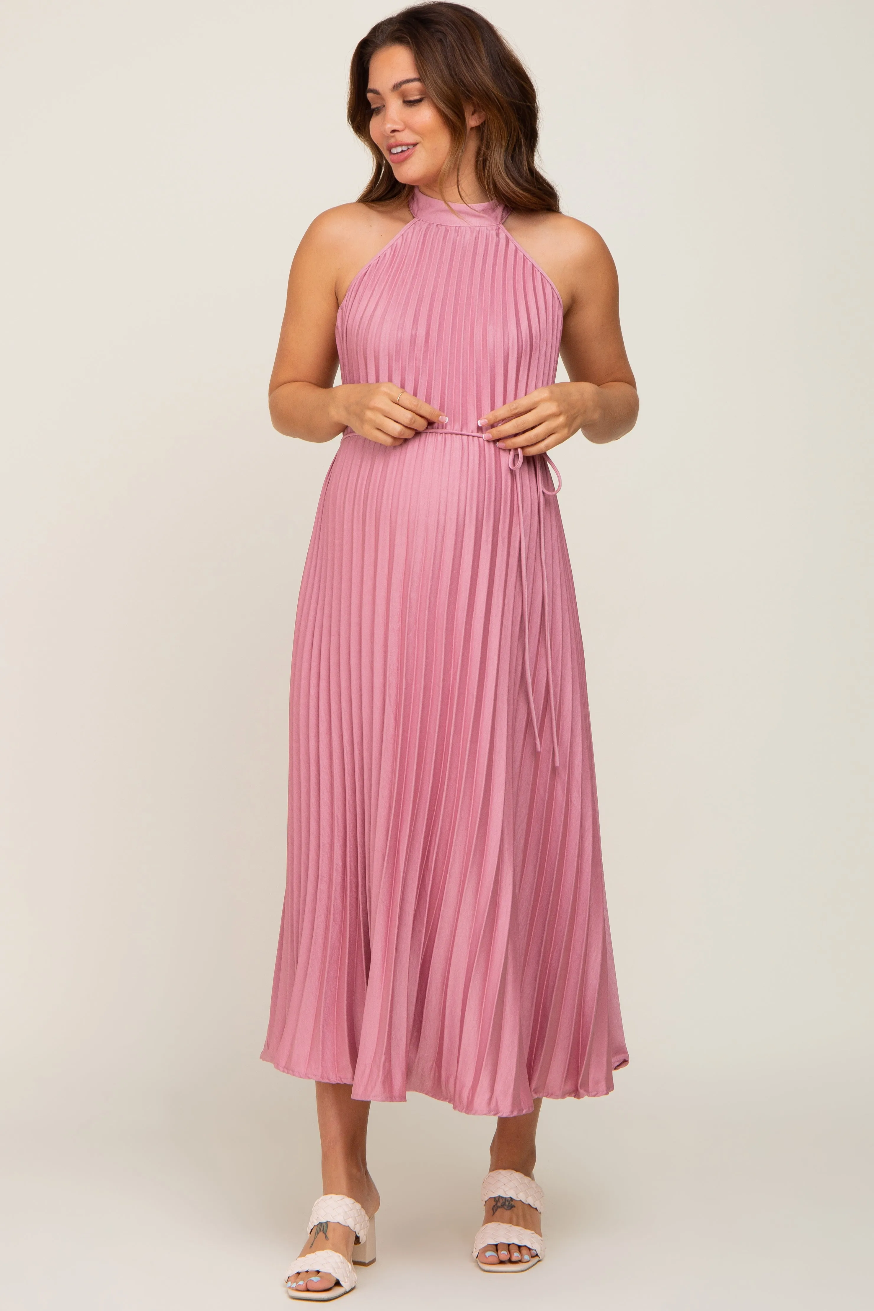 Pink Pleated Maternity Halter Dress sold by Pinkblush