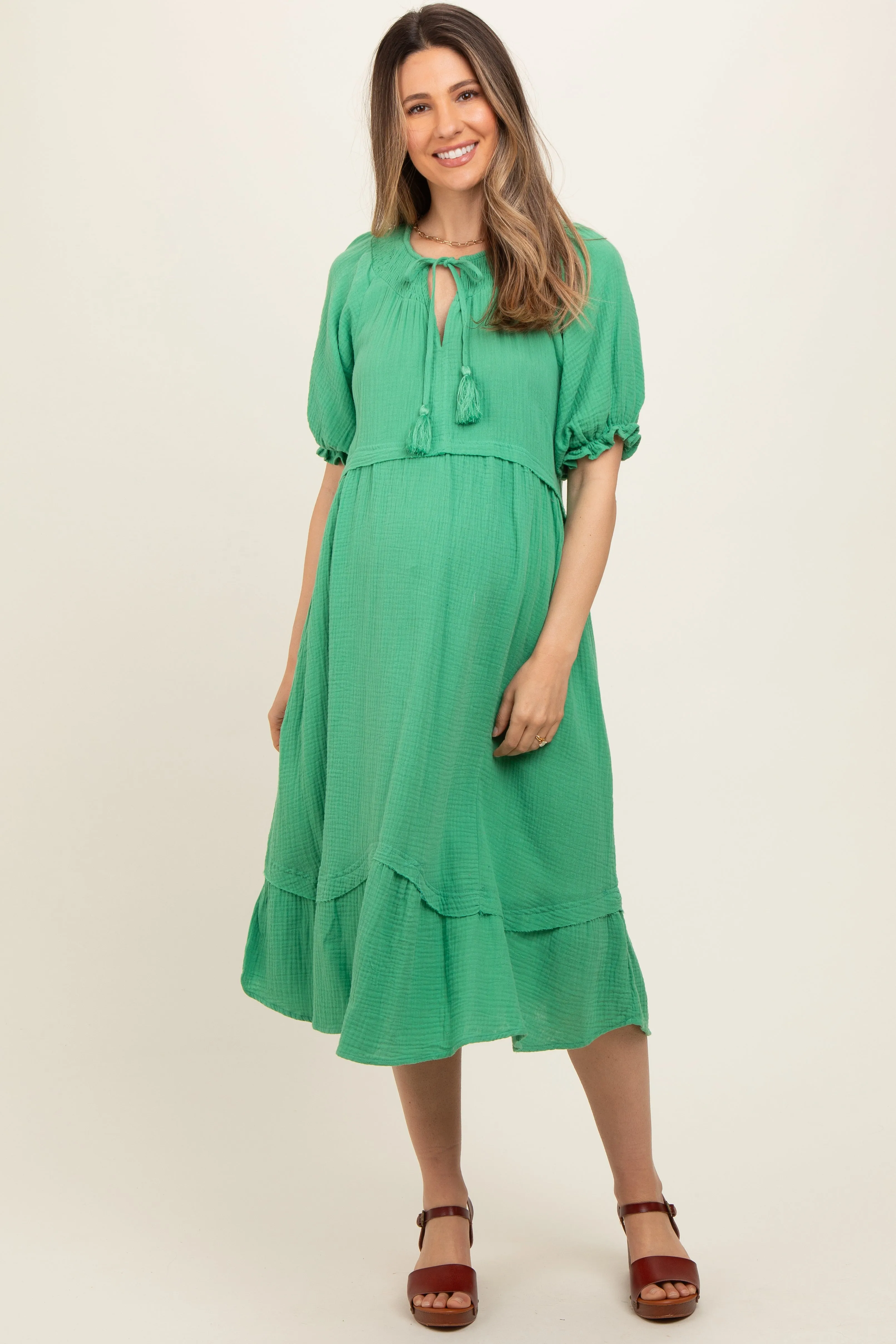 Green Tassel Tie Maternity Midi Dress sold by Pinkblush