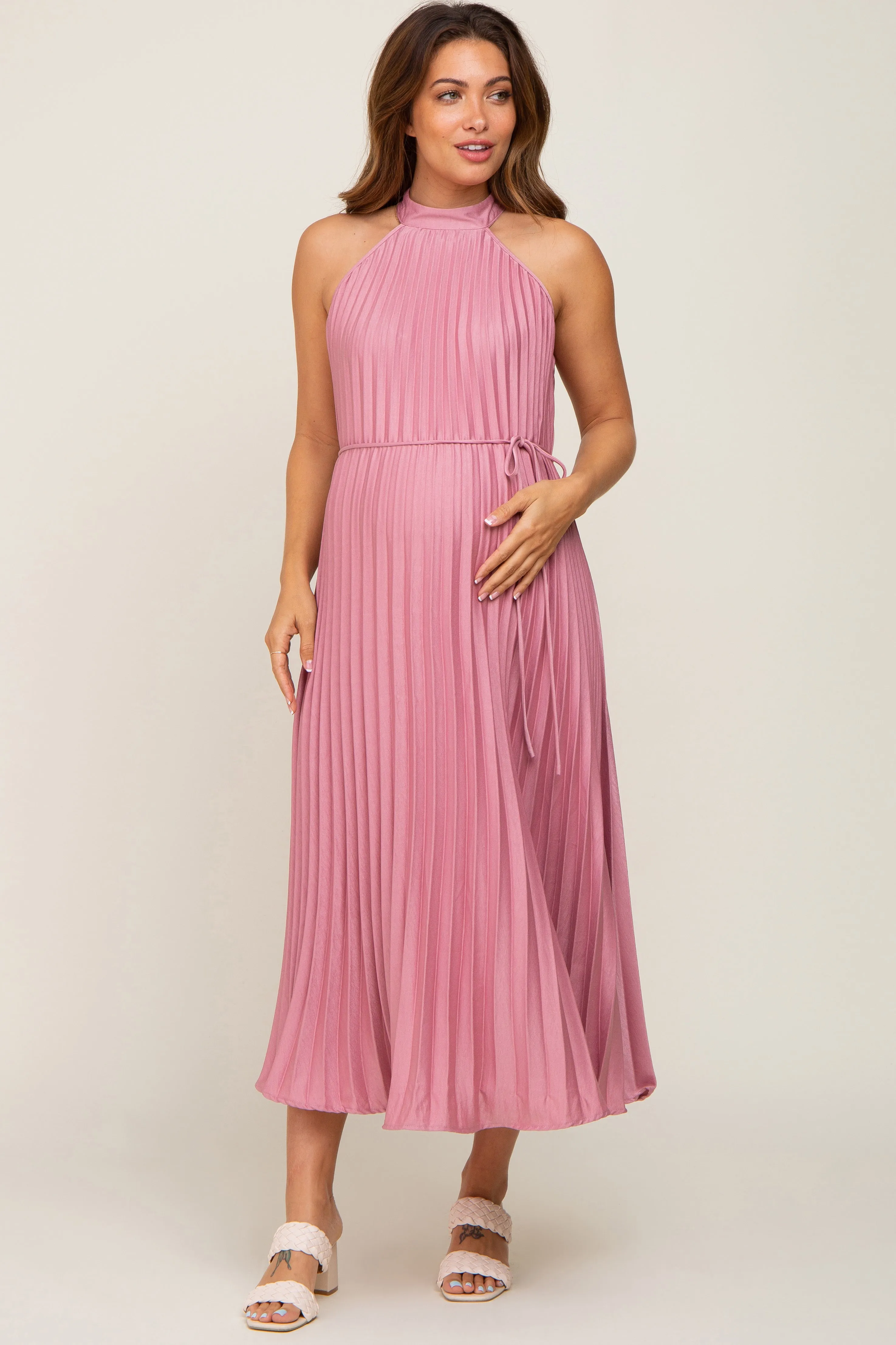 Pink Pleated Maternity Halter Dress sold by Pinkblush product image thumbnail 2