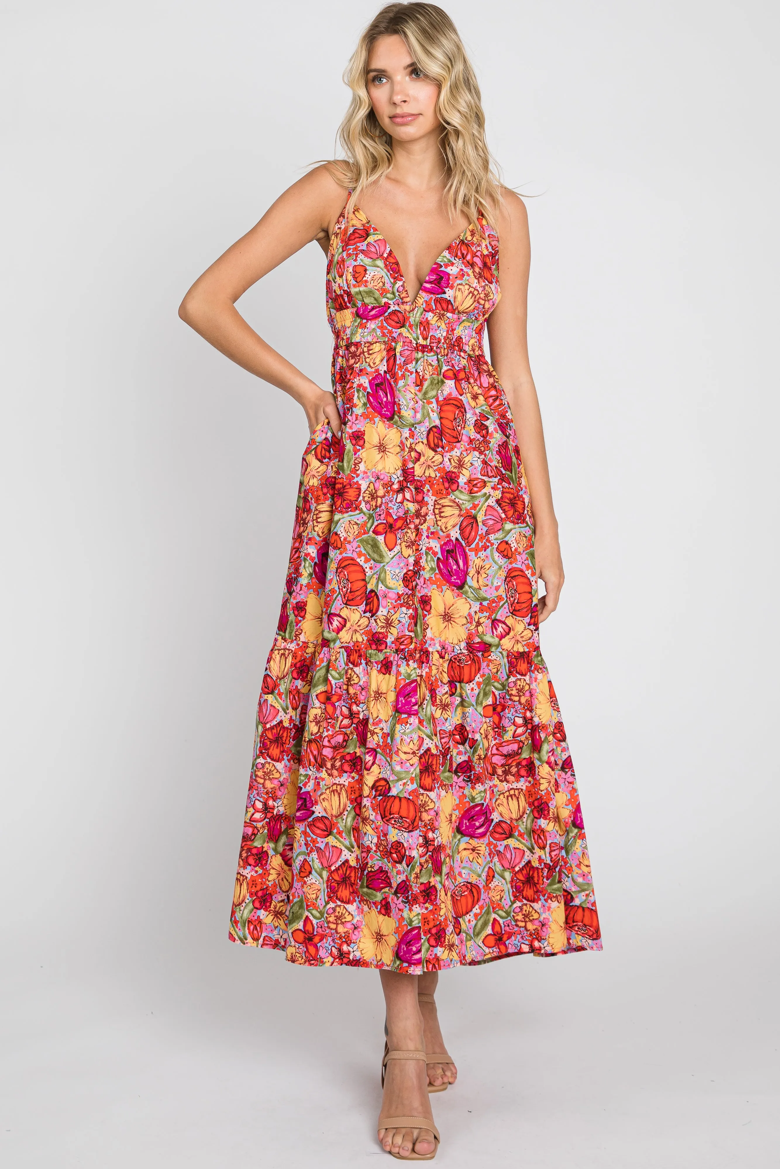 Red Floral Open Back Maxi Dress sold by Pinkblush