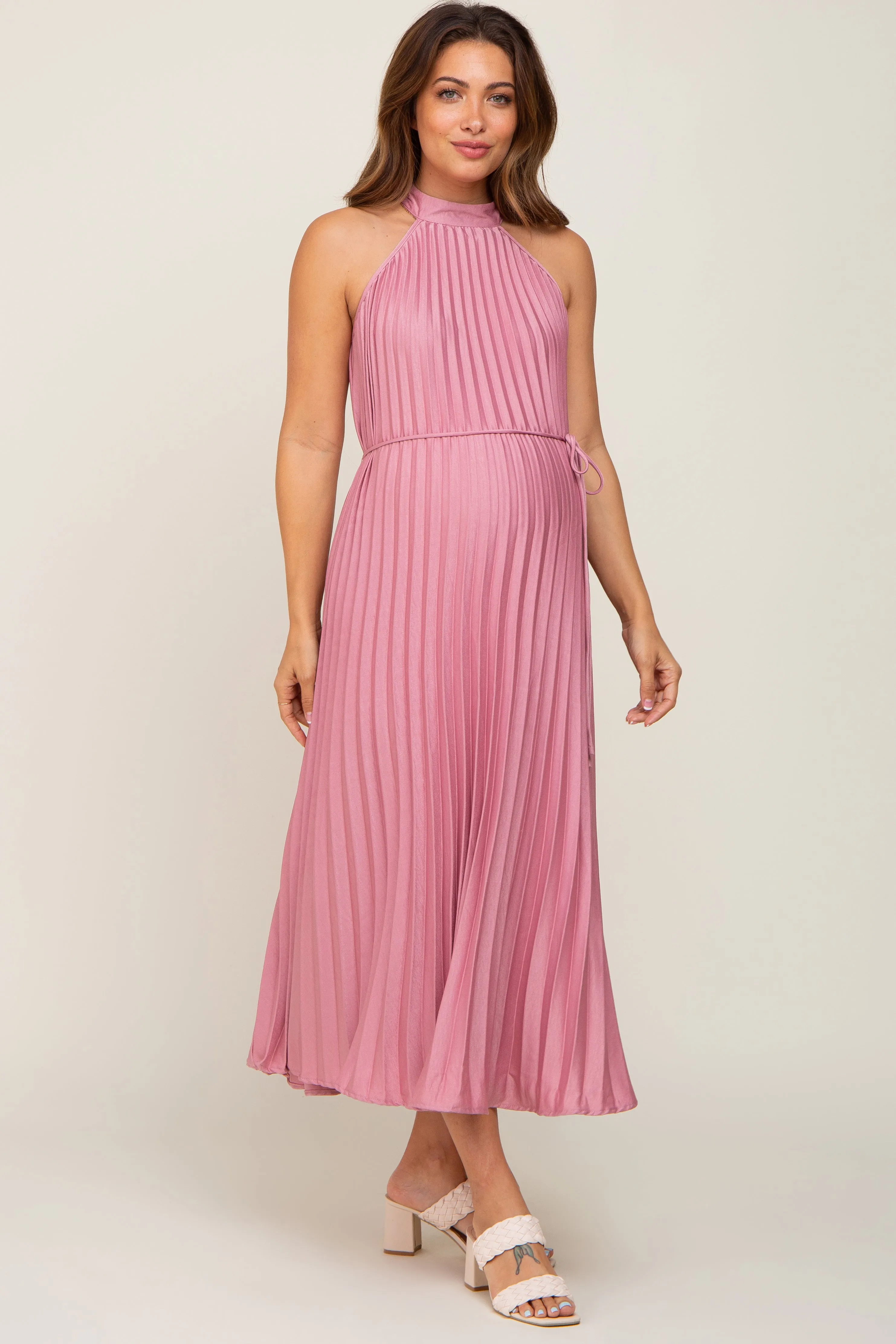 Pink Pleated Maternity Halter Dress sold by Pinkblush product image thumbnail 3