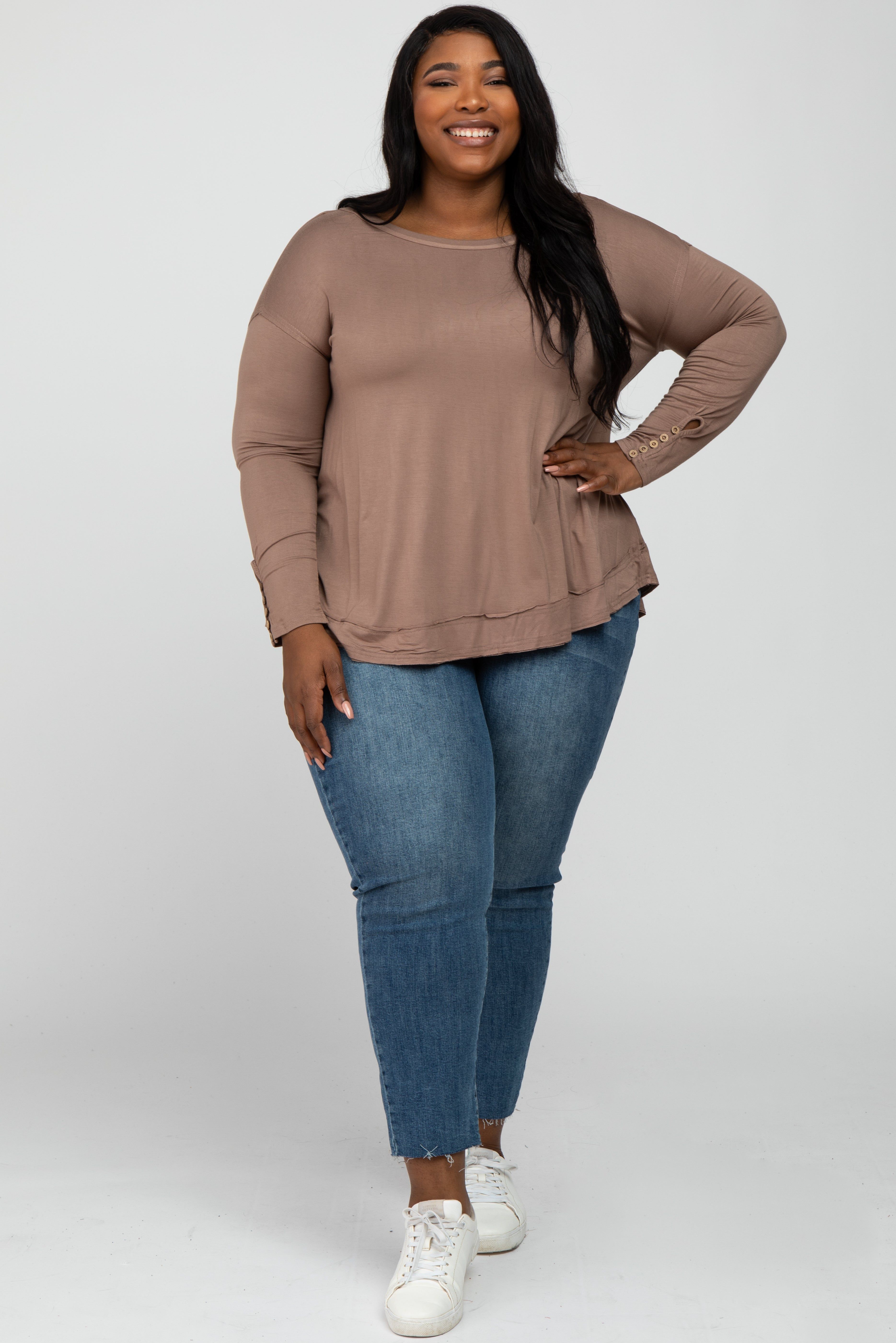Mocha Button Accent Long Sleeve Plus Top sold by Pinkblush product image thumbnail 2