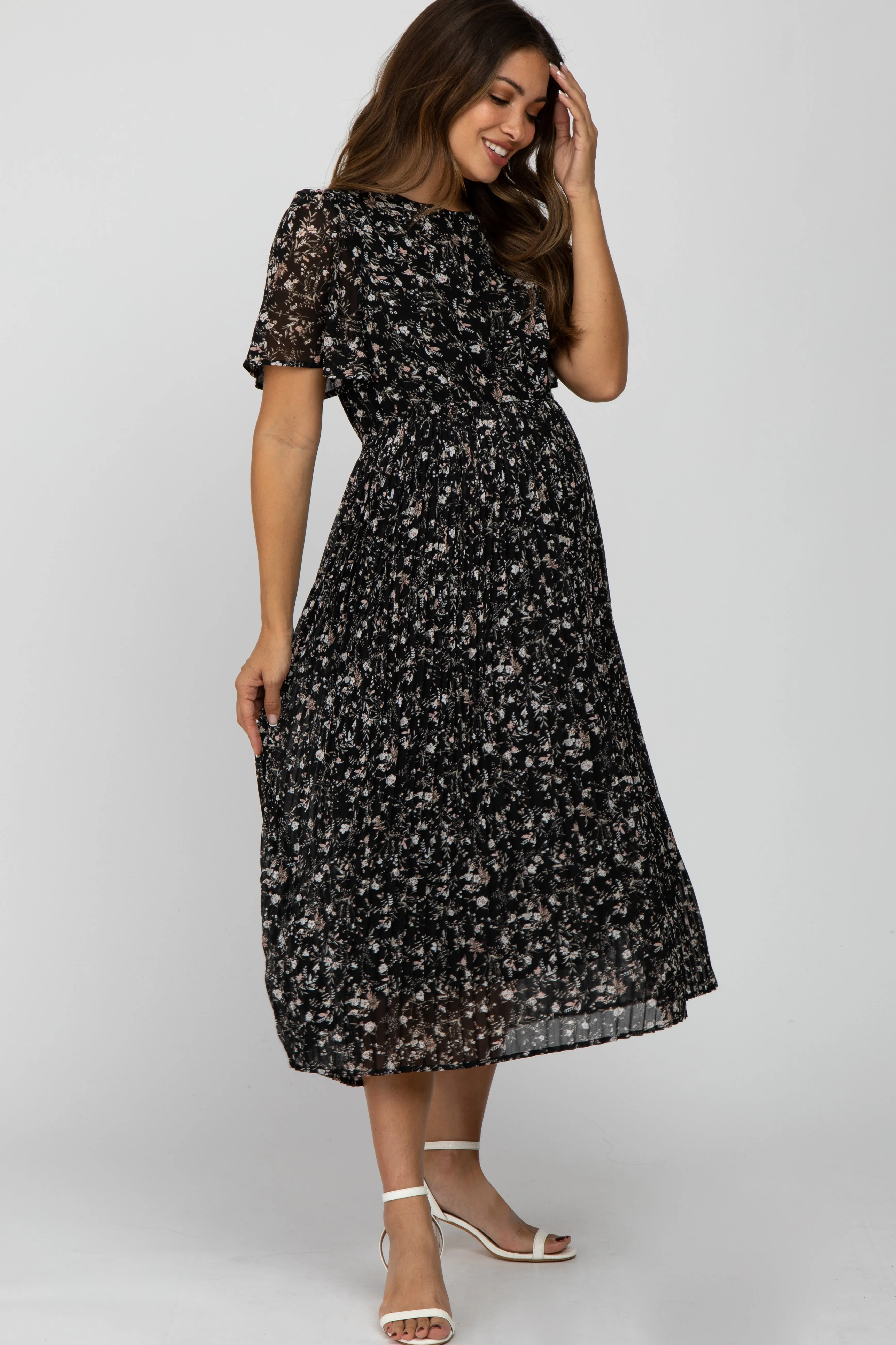 Black Floral Pleated Short Sleeve Chiffon Maternity Midi Dress sold by Pinkblush product image thumbnail 2