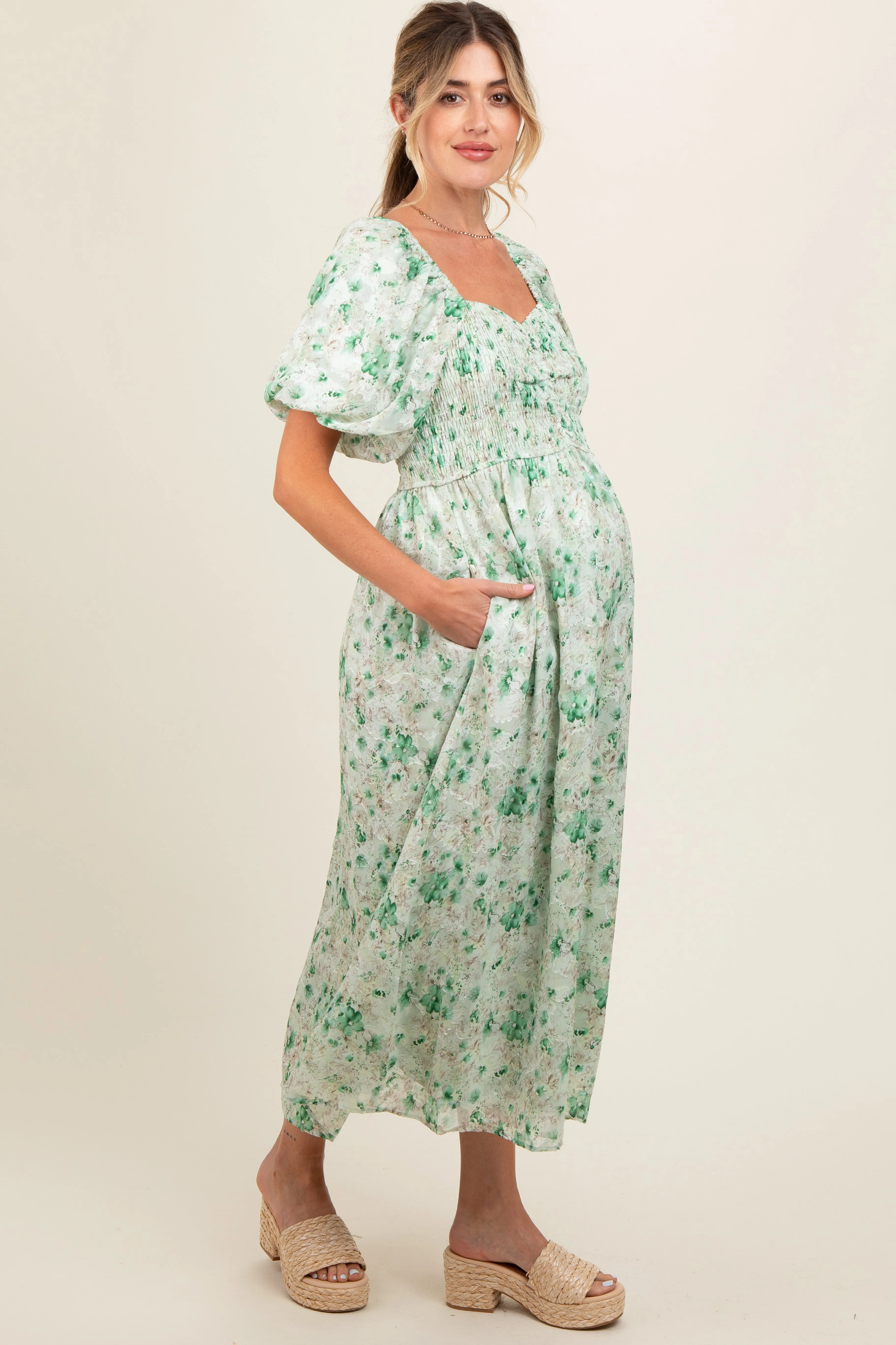 Green Floral Smocked Sweetheart Neck Short Puff Sleeve Maternity Midi Dress sold by Pinkblush product image thumbnail 4