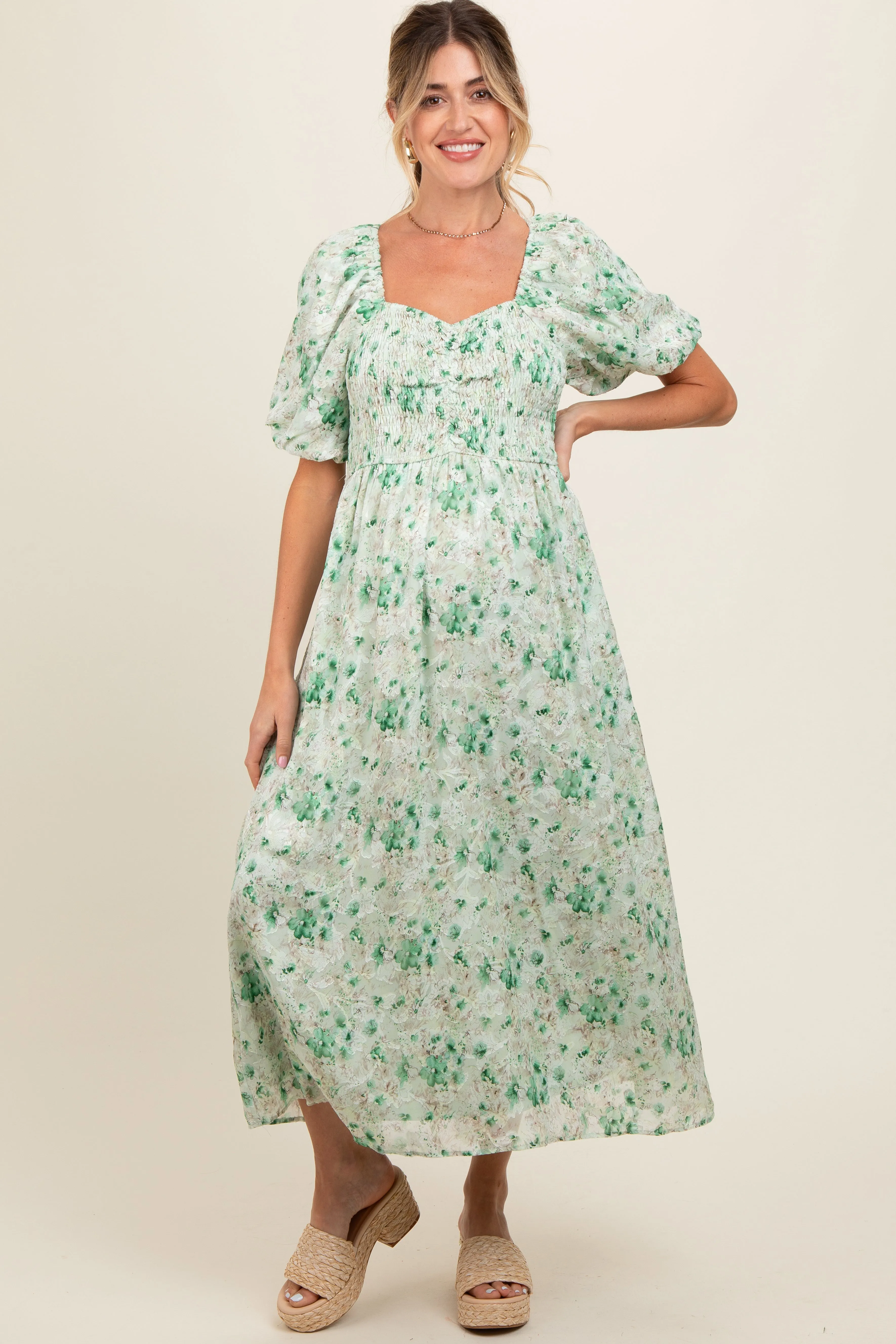 Green Floral Smocked Sweetheart Neck Short Puff Sleeve Maternity Midi Dress sold by Pinkblush