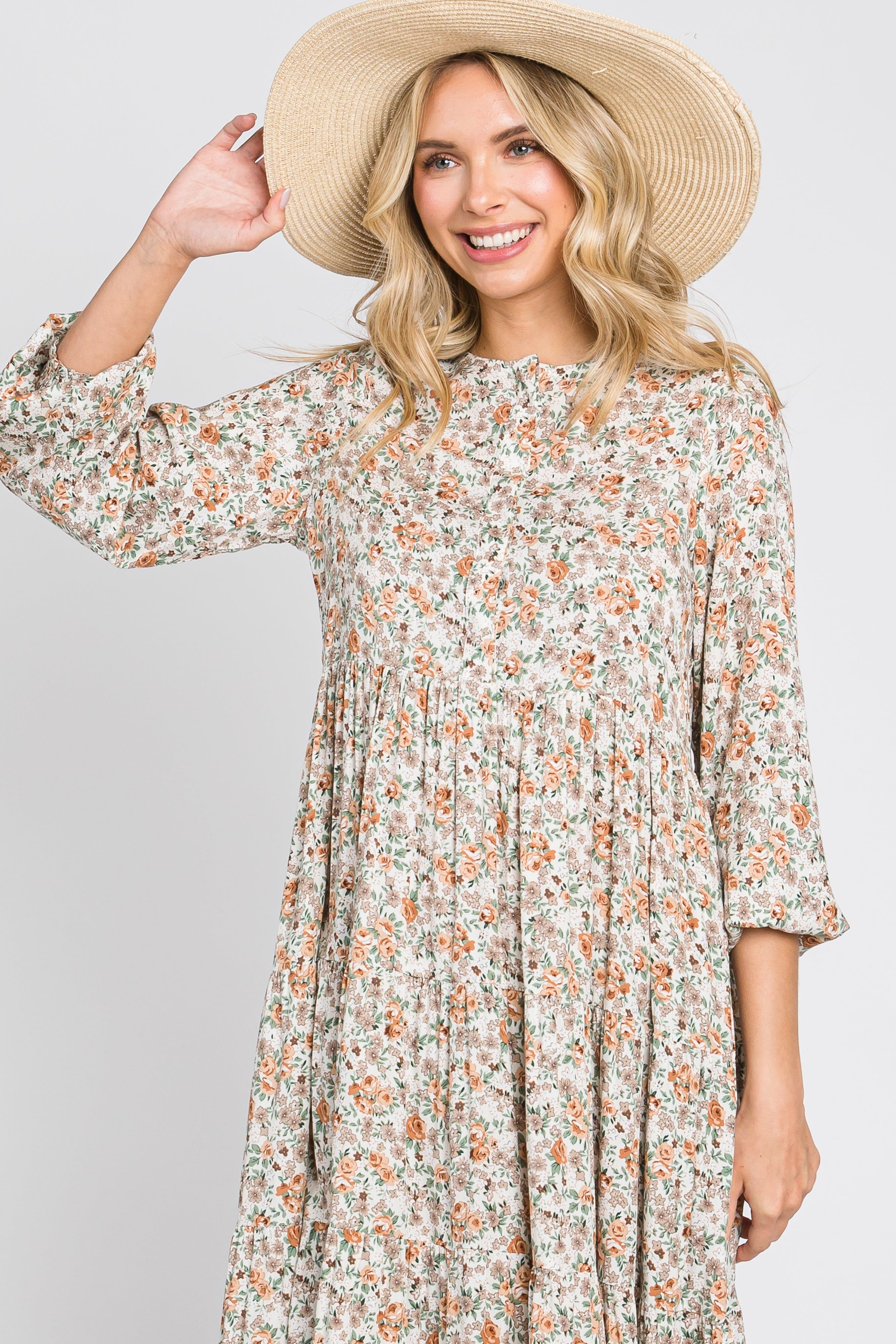 Beige Floral Button Front Long Sleeve Tiered Midi Dress sold by Pinkblush product image thumbnail 5