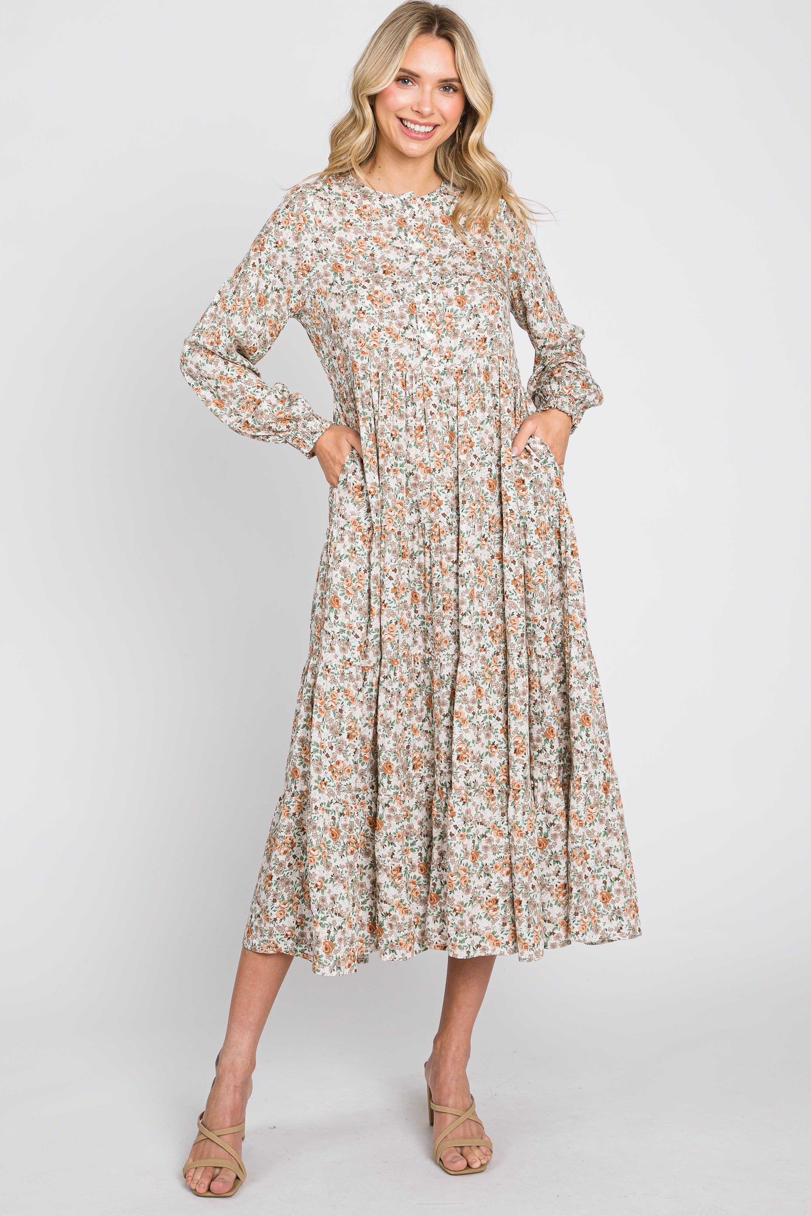 Beige Floral Button Front Long Sleeve Tiered Midi Dress sold by Pinkblush product image thumbnail 2