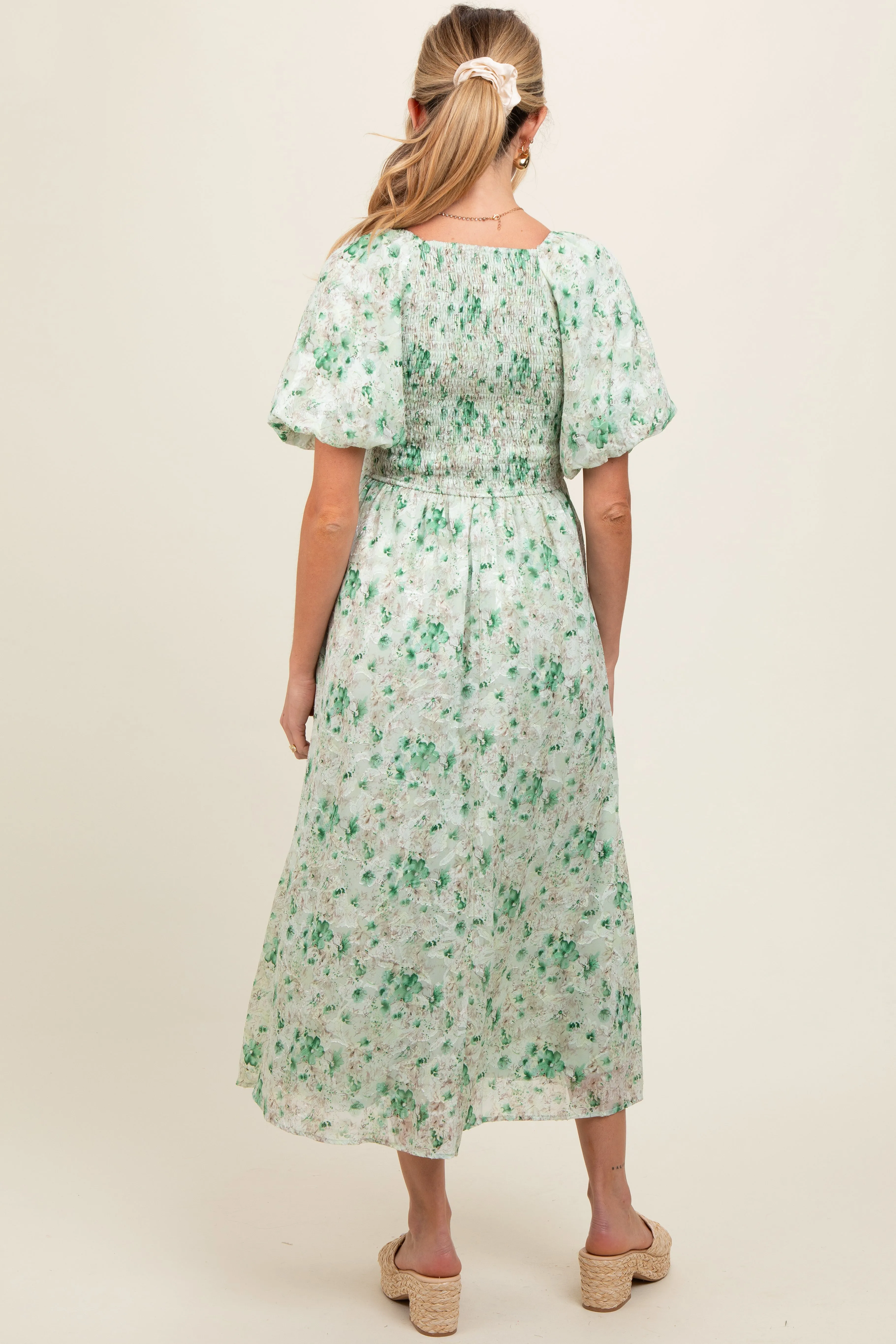 Green Floral Smocked Sweetheart Neck Short Puff Sleeve Maternity Midi Dress sold by Pinkblush product image thumbnail 5