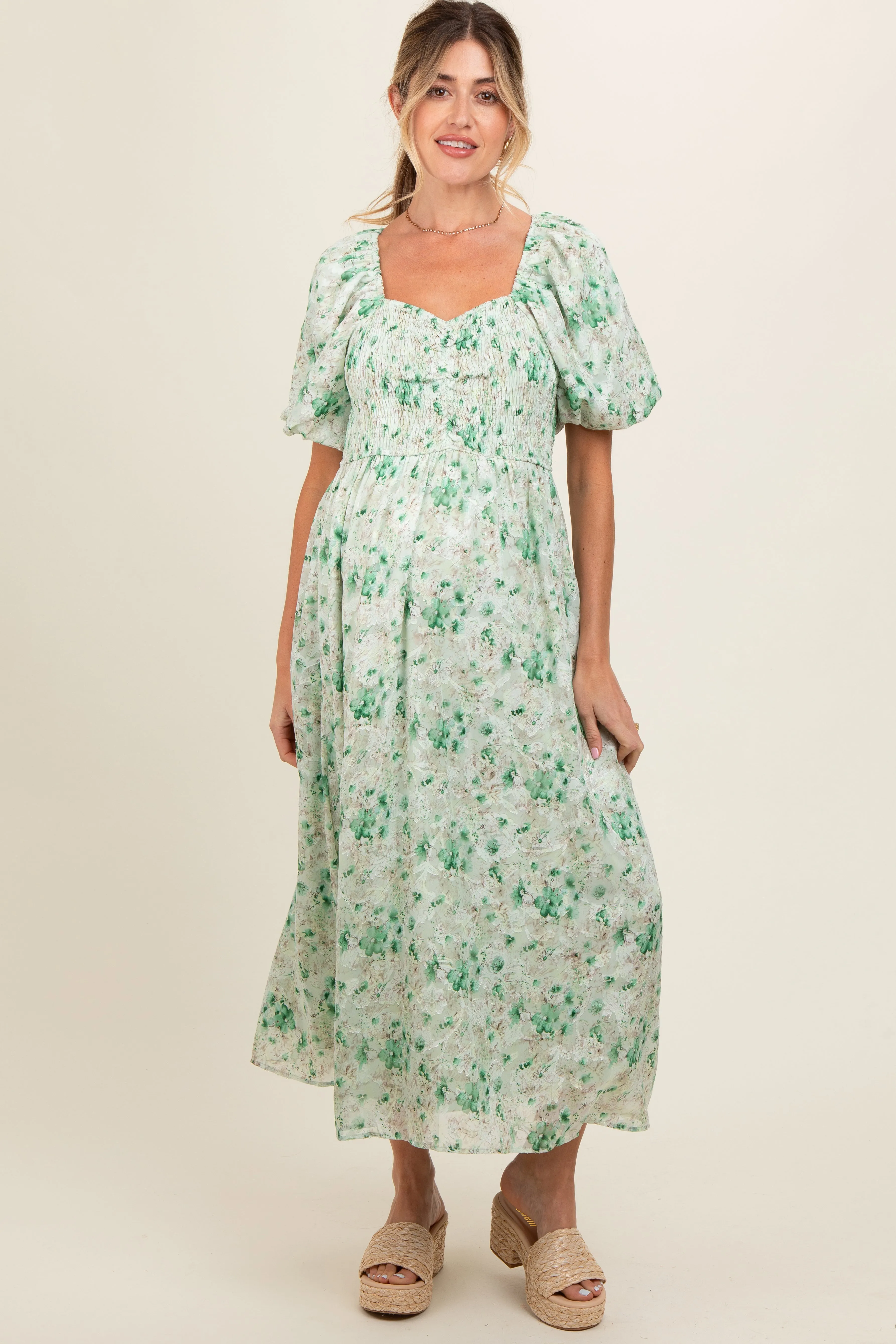 Green Floral Smocked Sweetheart Neck Short Puff Sleeve Maternity Midi Dress sold by Pinkblush product image thumbnail 2