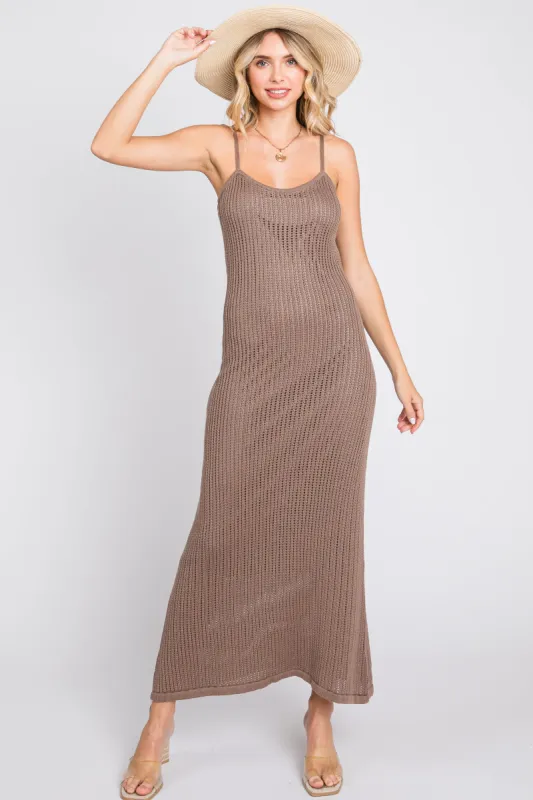 Mocha Open Knit Crochet Midi Dress sold by Pinkblush
