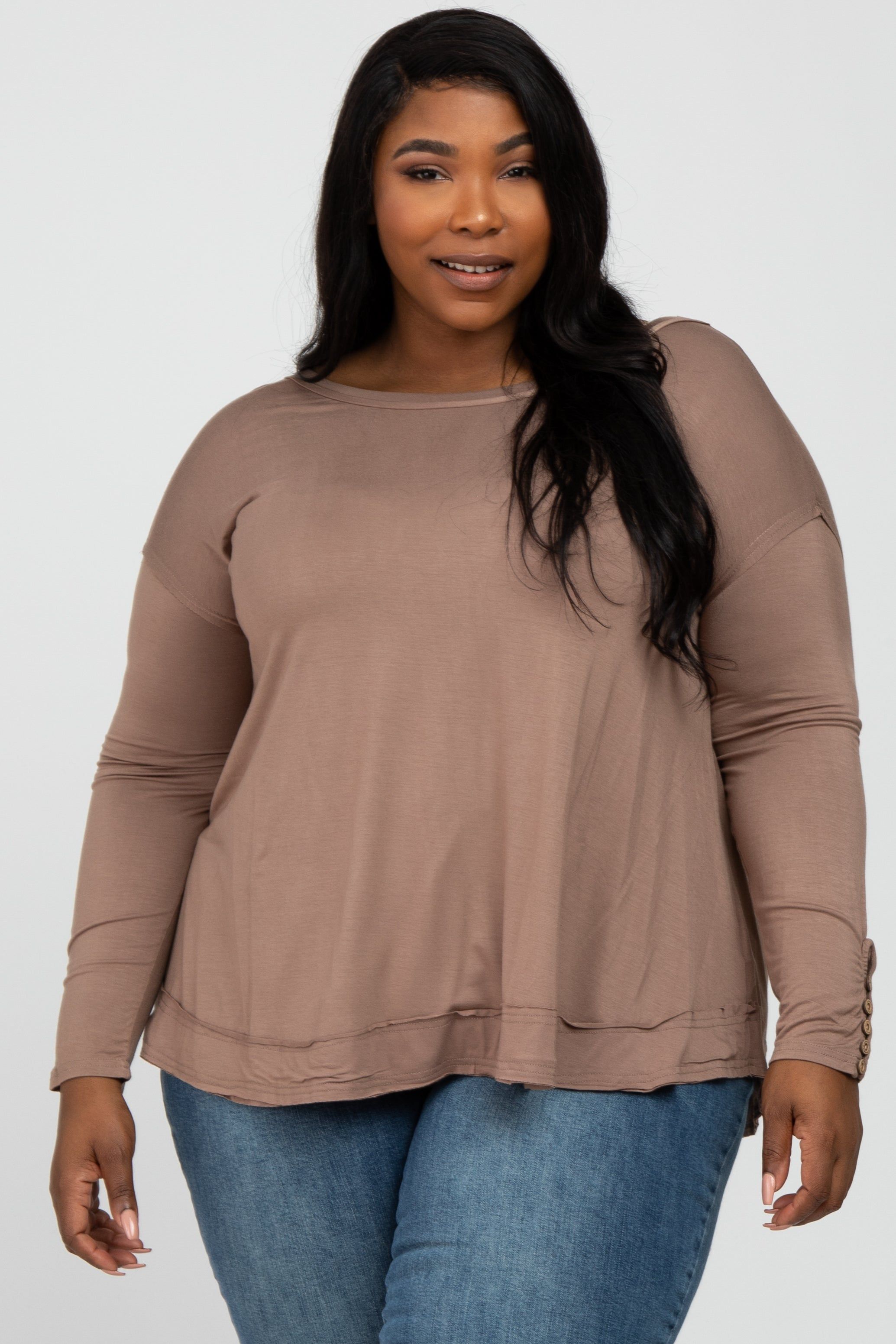 Mocha Button Accent Long Sleeve Plus Top sold by Pinkblush