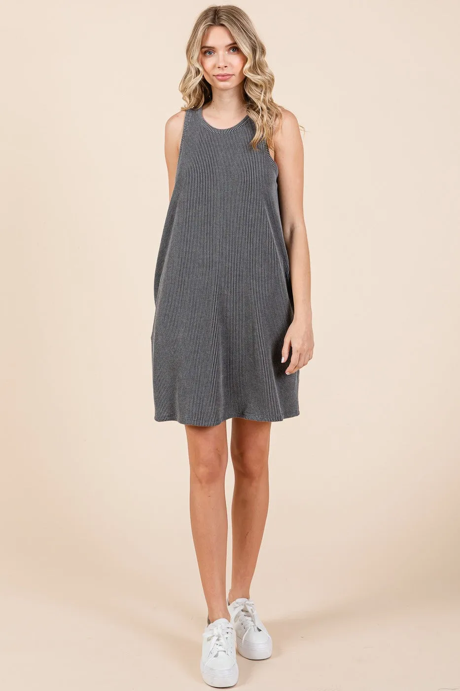 Charcoal Ribbed Sleeveless Pocketed Dress sold by Pinkblush