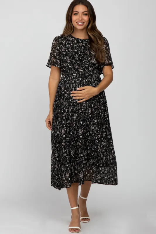 Black Floral Pleated Short Sleeve Chiffon Maternity Midi Dress sold by Pinkblush