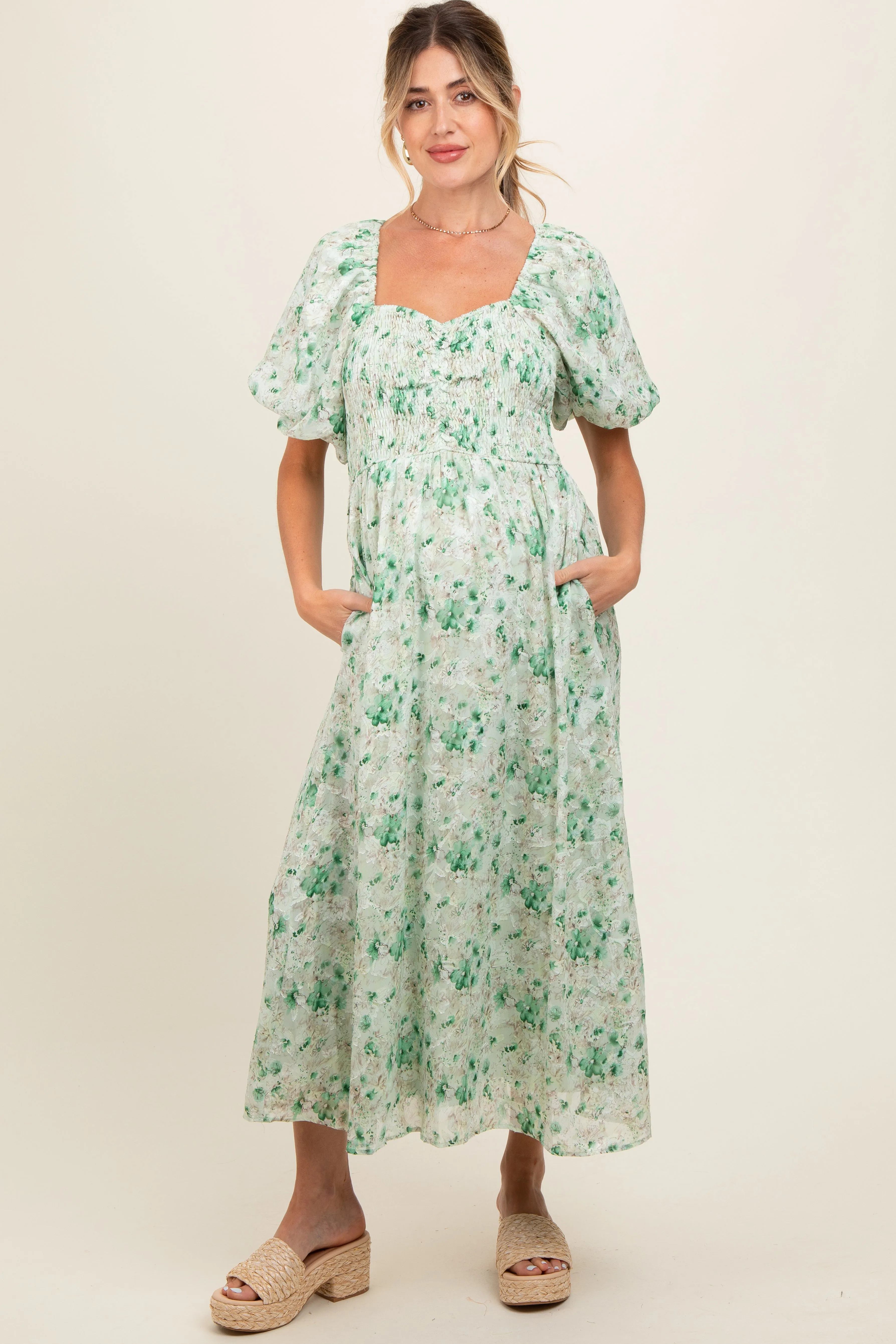Green Floral Smocked Sweetheart Neck Short Puff Sleeve Maternity Midi Dress sold by Pinkblush product image thumbnail 3