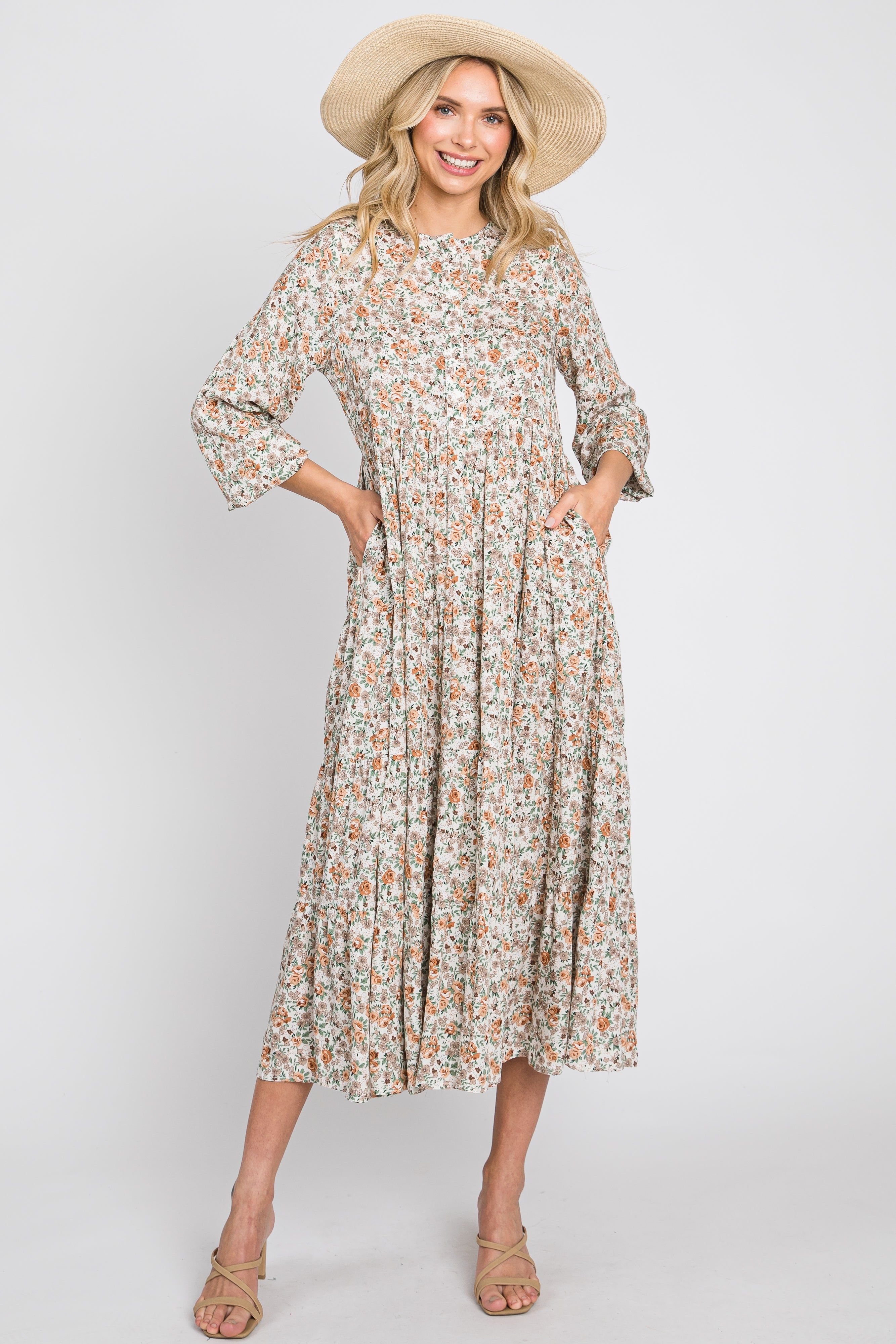 Beige Floral Button Front Long Sleeve Tiered Midi Dress sold by Pinkblush