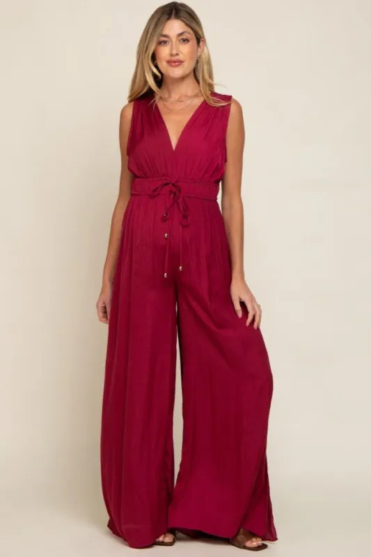 Burgundy Satin V-Neck Side Slit Maternity Jumpsuit made by Pinkblush