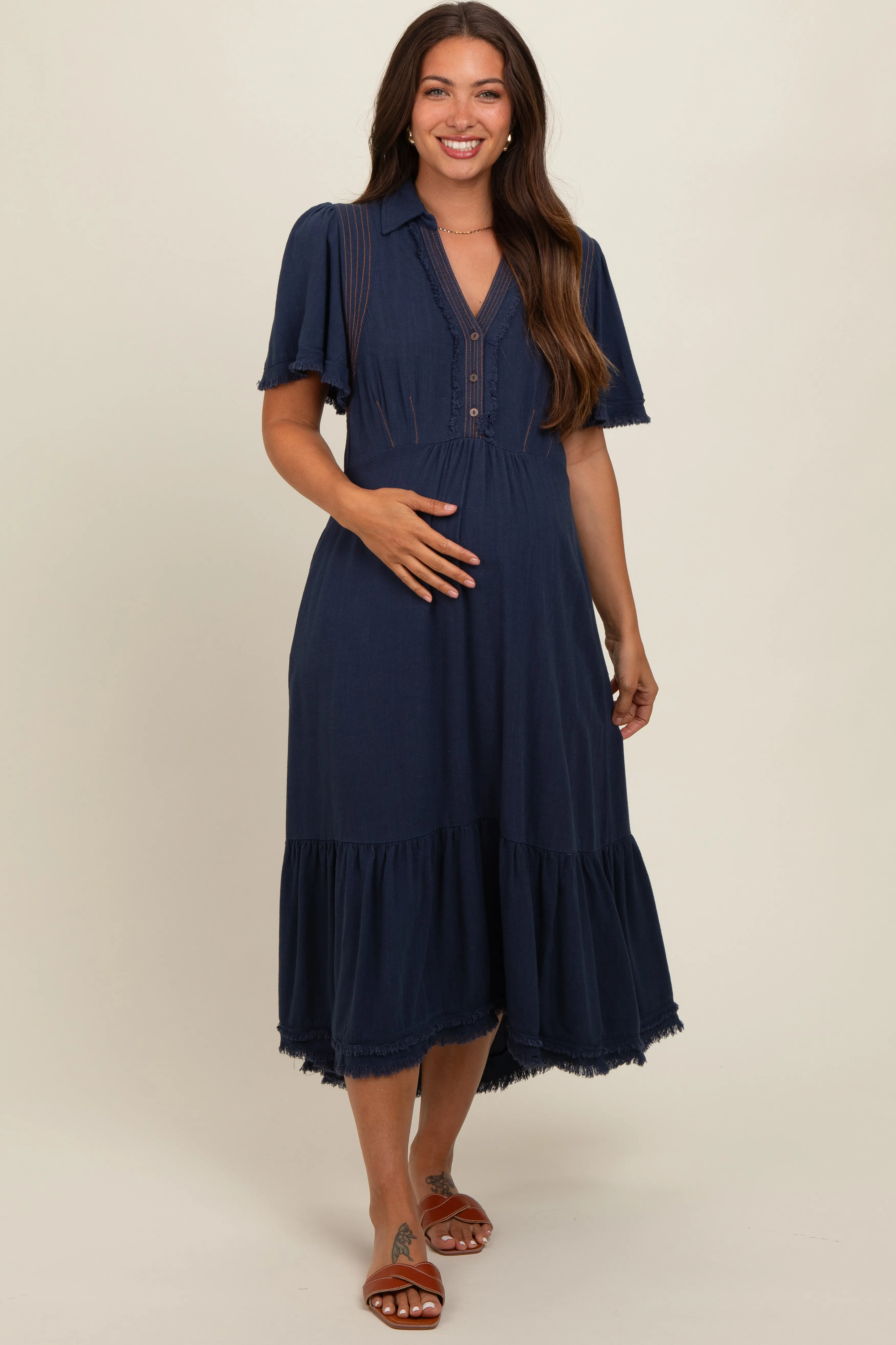 Navy Collared Pocketed Maternity Midi Dress sold by Pinkblush