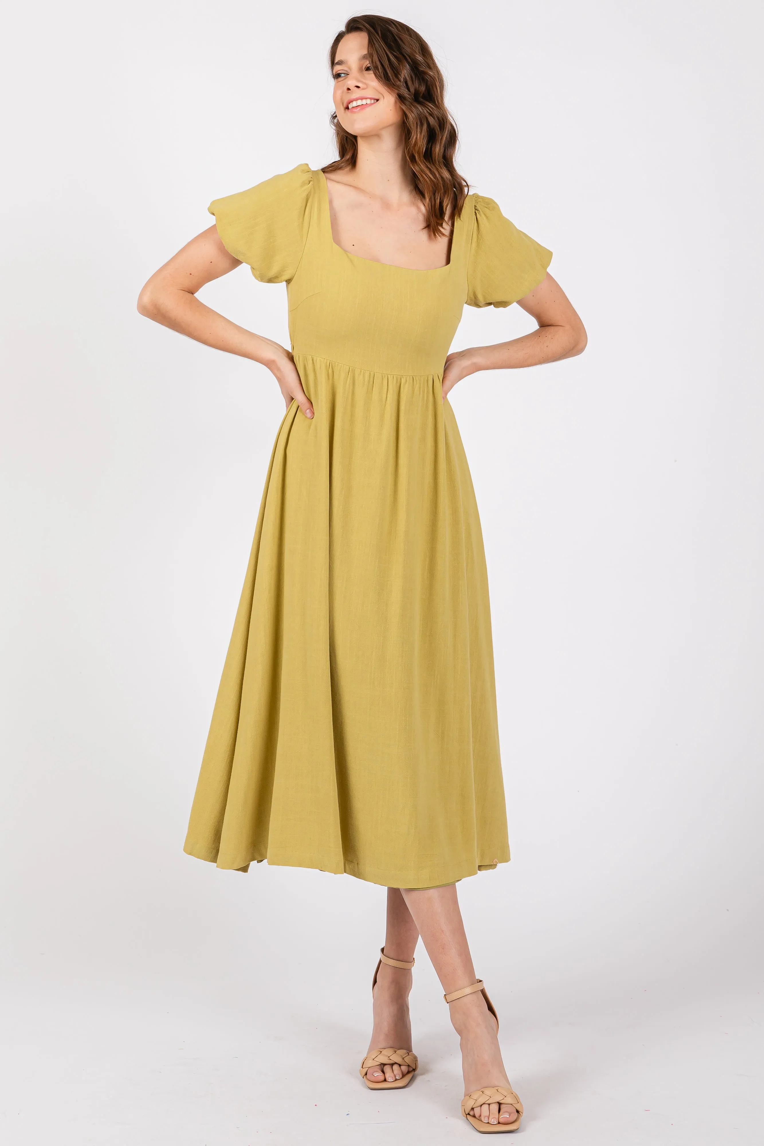 Lime Puff Sleeve Linen Midi Dress sold by Pinkblush
