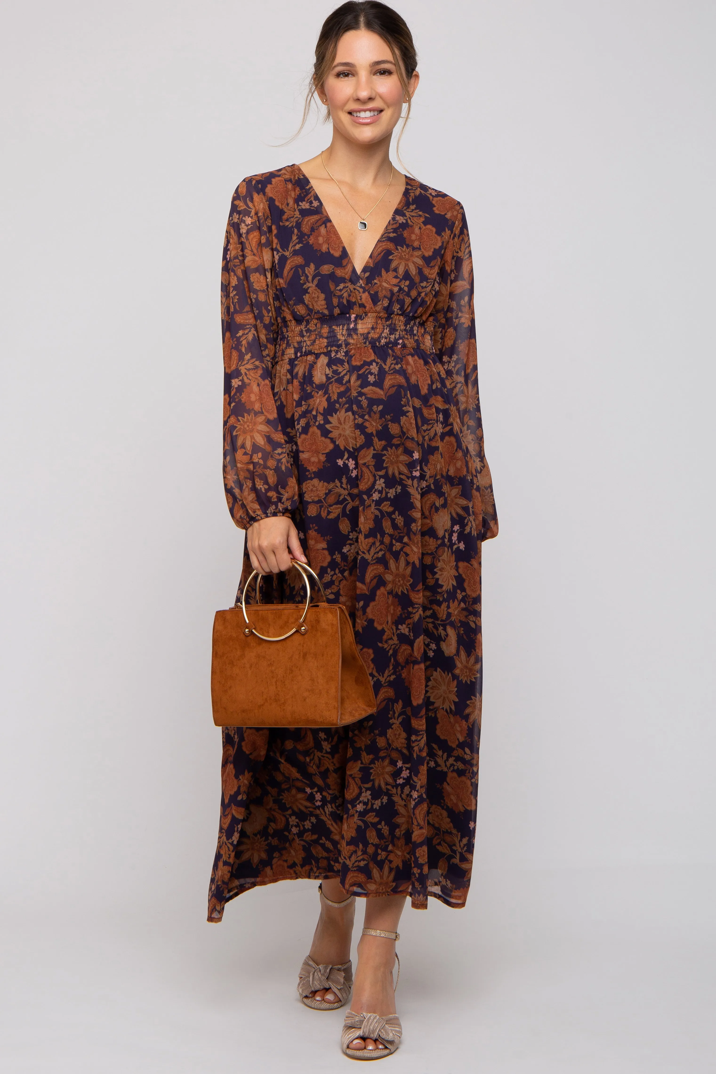 Navy Floral Long Sleeve V-Neck Maternity Maxi Dress sold by Pinkblush