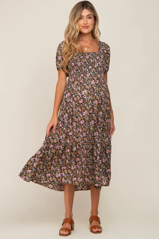 Pink Floral Smocked Puff Sleeve Maternity Midi Dress sold by Pinkblush