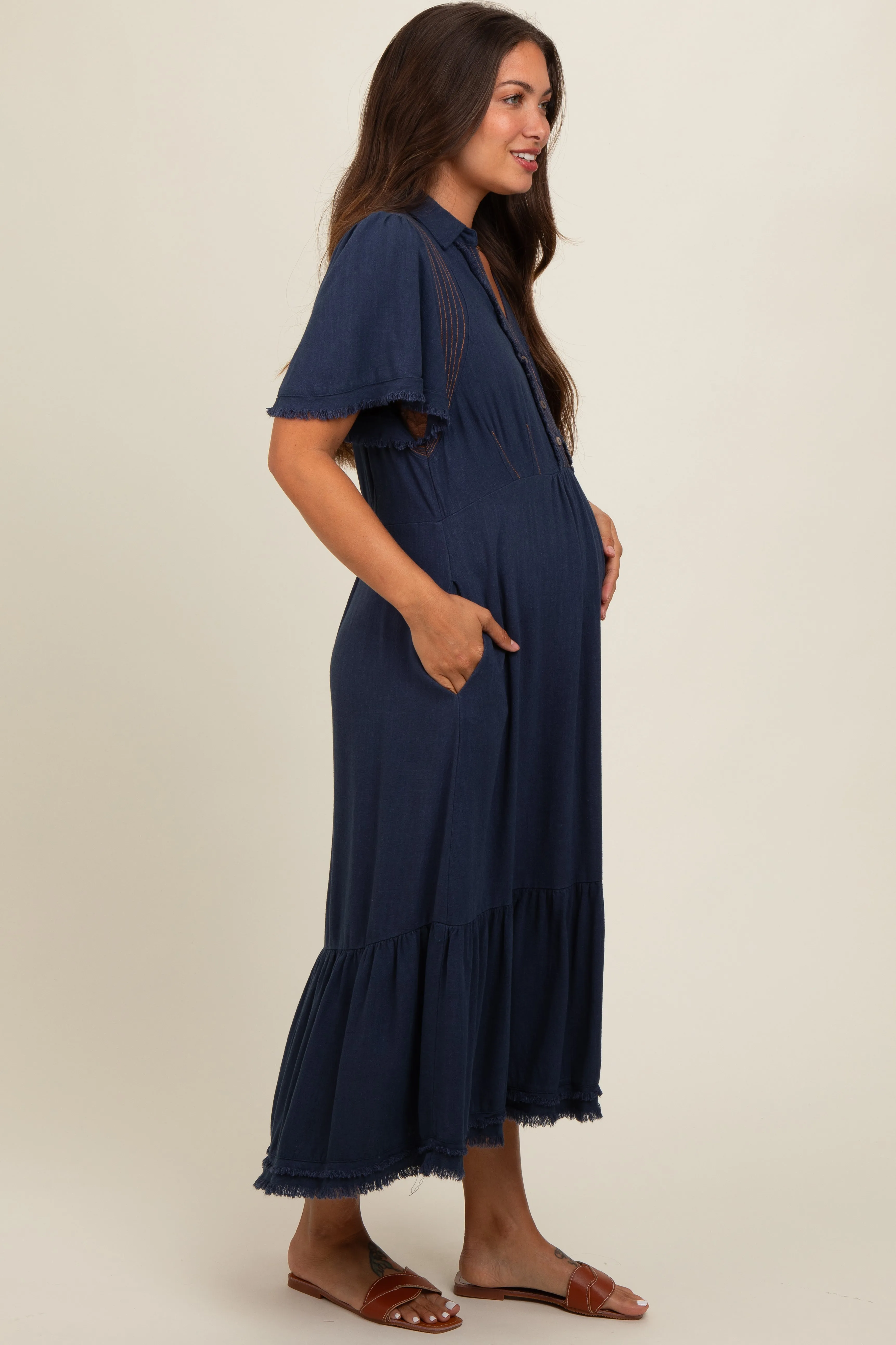 Navy Collared Pocketed Maternity Midi Dress sold by Pinkblush product image thumbnail 2