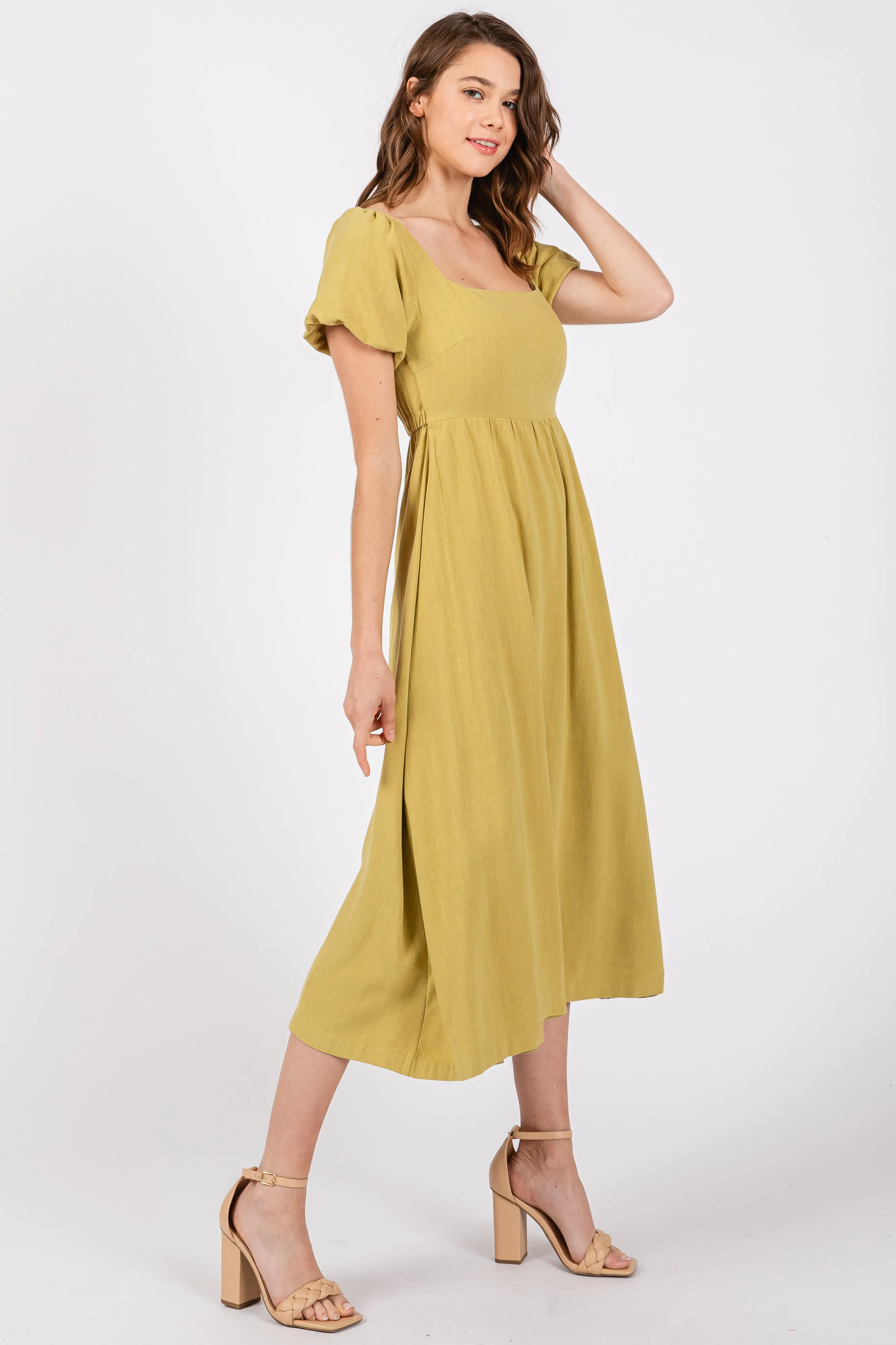 Lime Puff Sleeve Linen Midi Dress sold by Pinkblush product image thumbnail 2