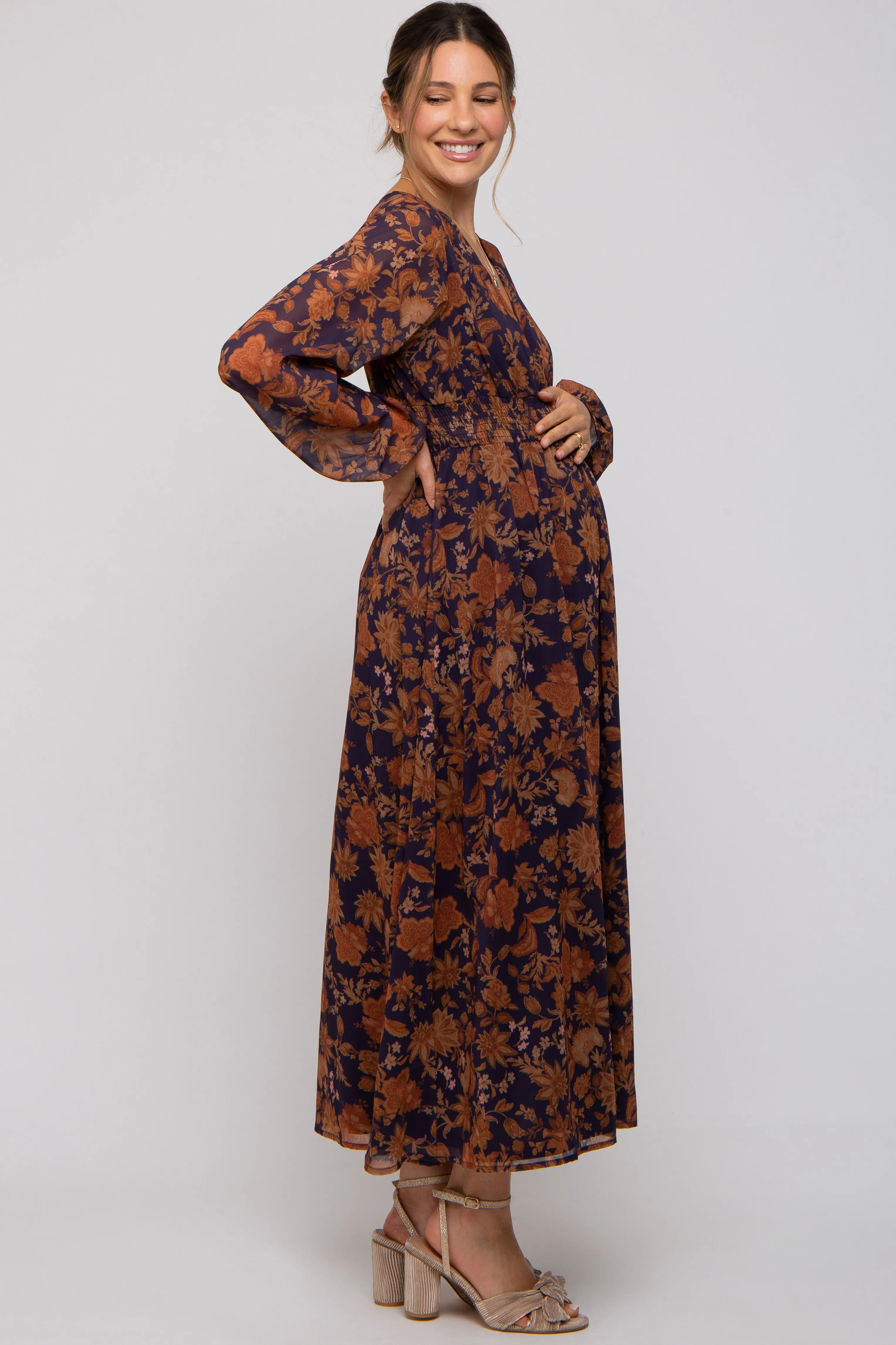 Navy Floral Long Sleeve V-Neck Maternity Maxi Dress sold by Pinkblush product image thumbnail 2