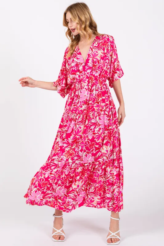 Fuchsia Floral Dolman Sleeve Tiered Maxi Dress sold by Pinkblush